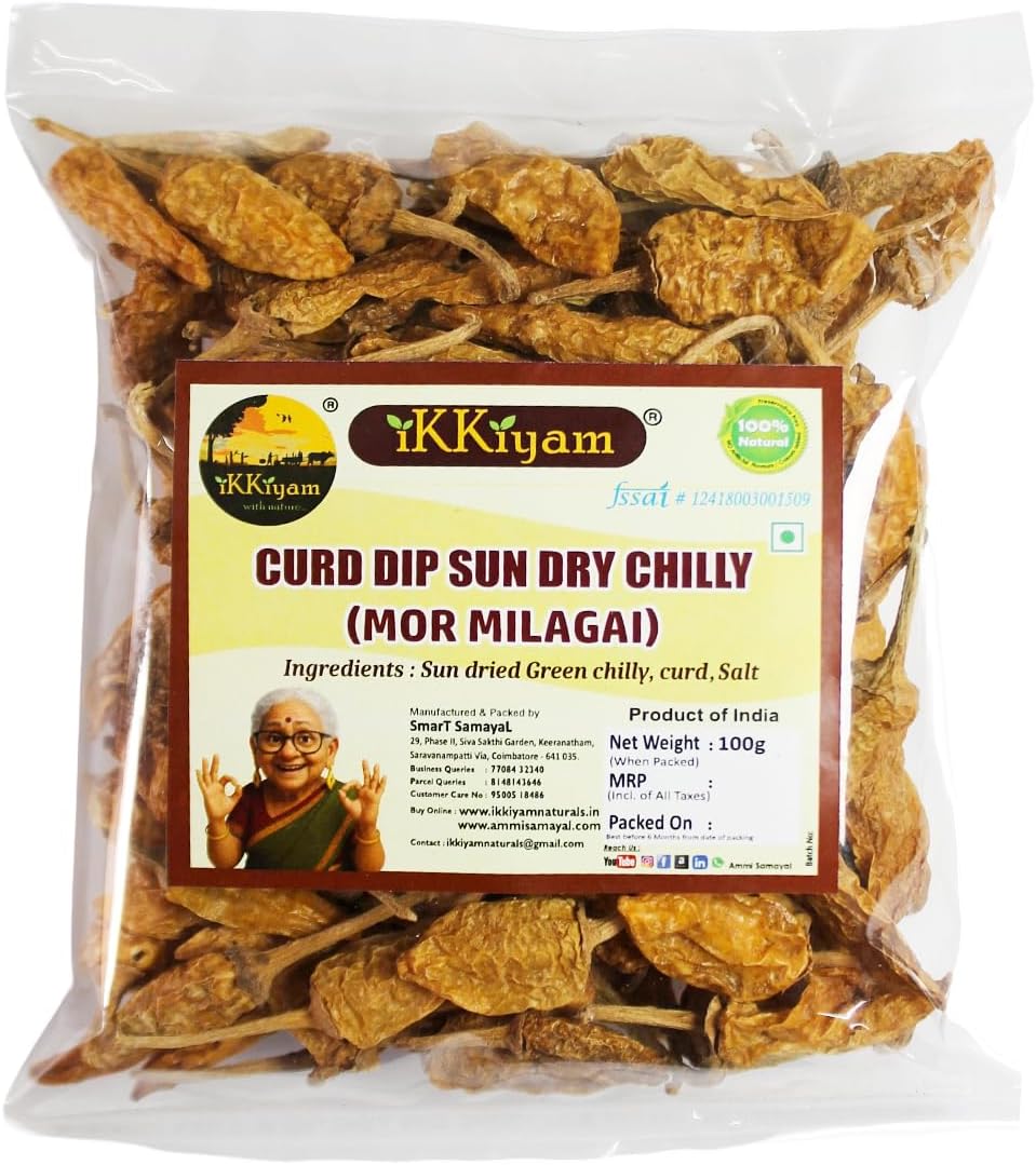 Ikkiyam Curd Dip Sun Dry Chilly | MorMilagai Vathal | Premium & Organic Chillies | Dahi Mirchi | South Indian Thayir Chilli | Pure & Natural Spicy Chillys | Deliciously Meals | Pack of 1 | 100 Gram