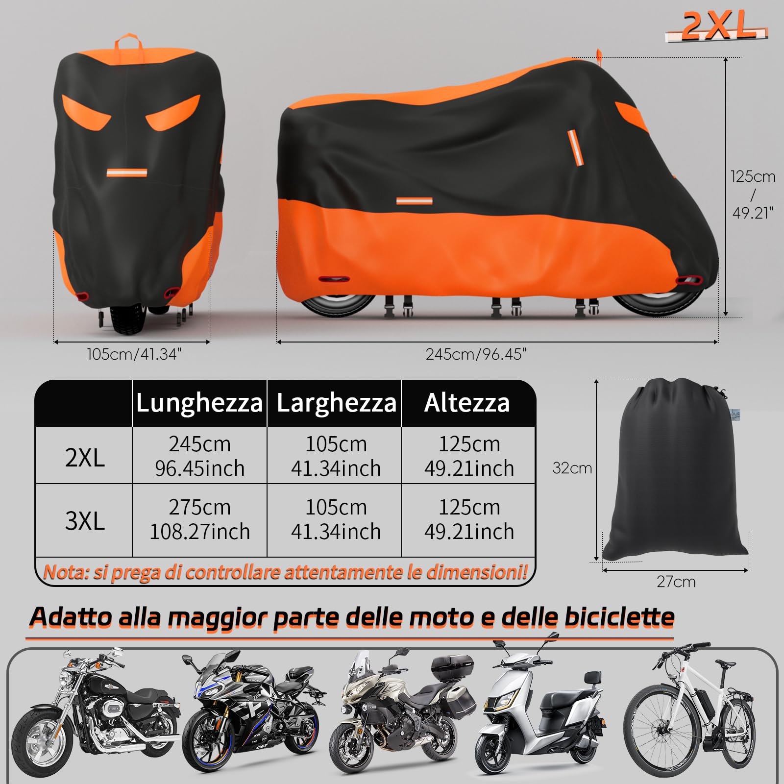 Telo Coprimoto Impermeabile Telo Moto Esterno Oxford 210D Copri Moto Polvere Pioggia Vento Escrementi di Uccelli Copertura Antifurto per Motorino Bicicletta Motocicletta Scooter, 245x105x125