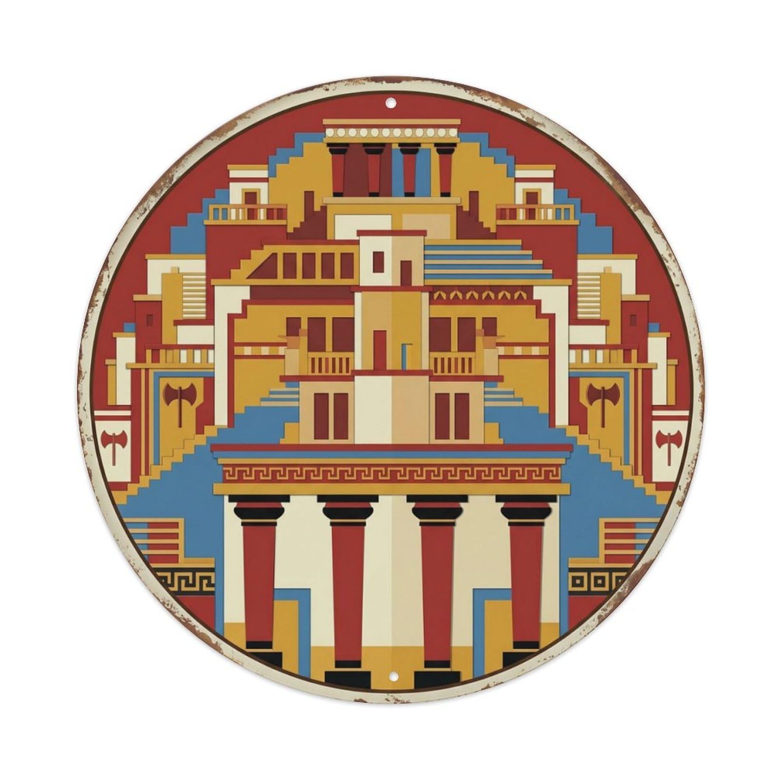 Crete Layered Palace Travel（1） Metal Tin Sign Plaque Wall Decor for Cafe, Club Bar, Office, Home Garden Round Metal Poster 8x8Inch