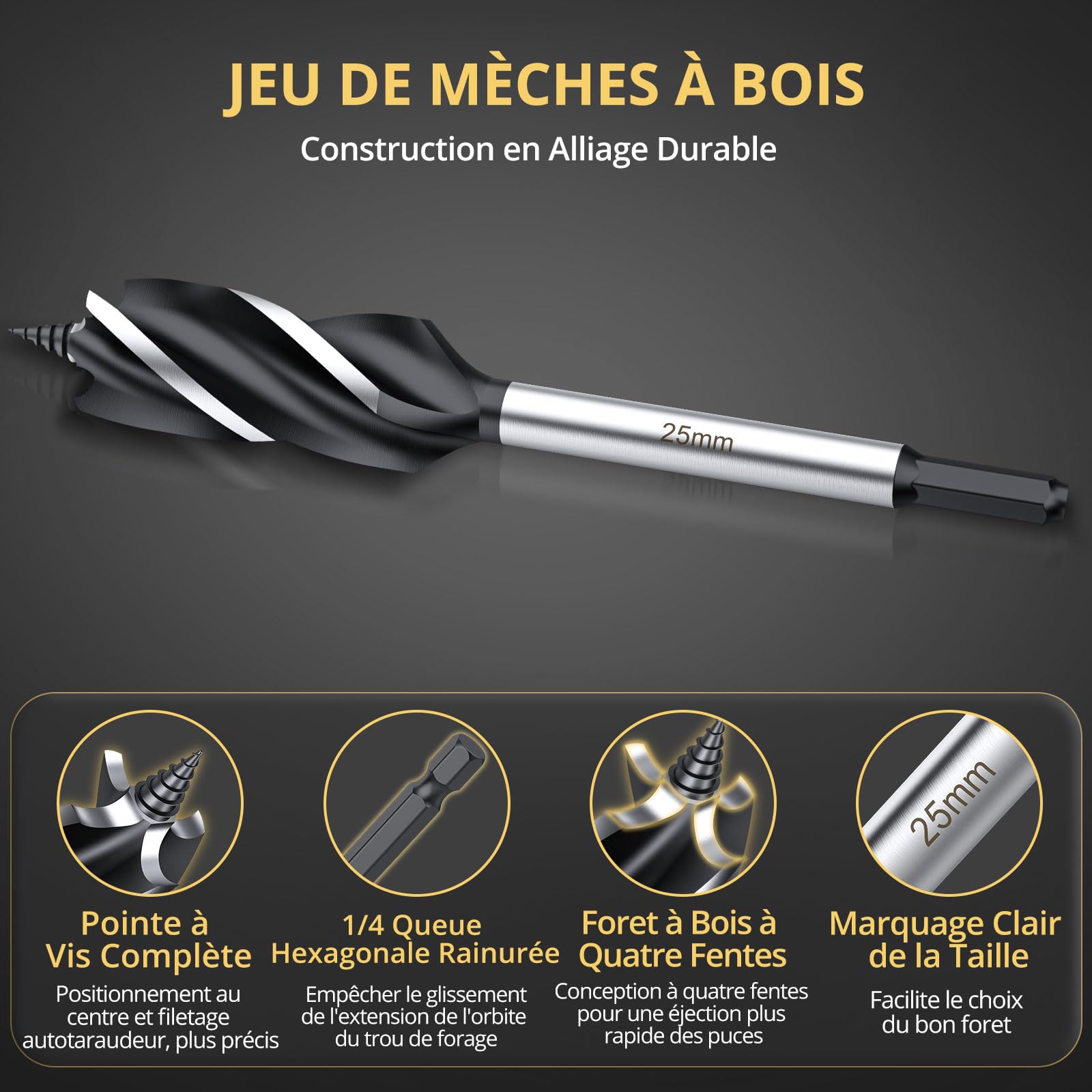 AMTOVL Foret à Bois Hélicoïdal 5PCS Forets à Chanfreiner Matériau 45 Acier Carbone Mèche à Bois 15mm/20mm/25mm/30mm/35mm pour Perçage de Torsion pour le Bois