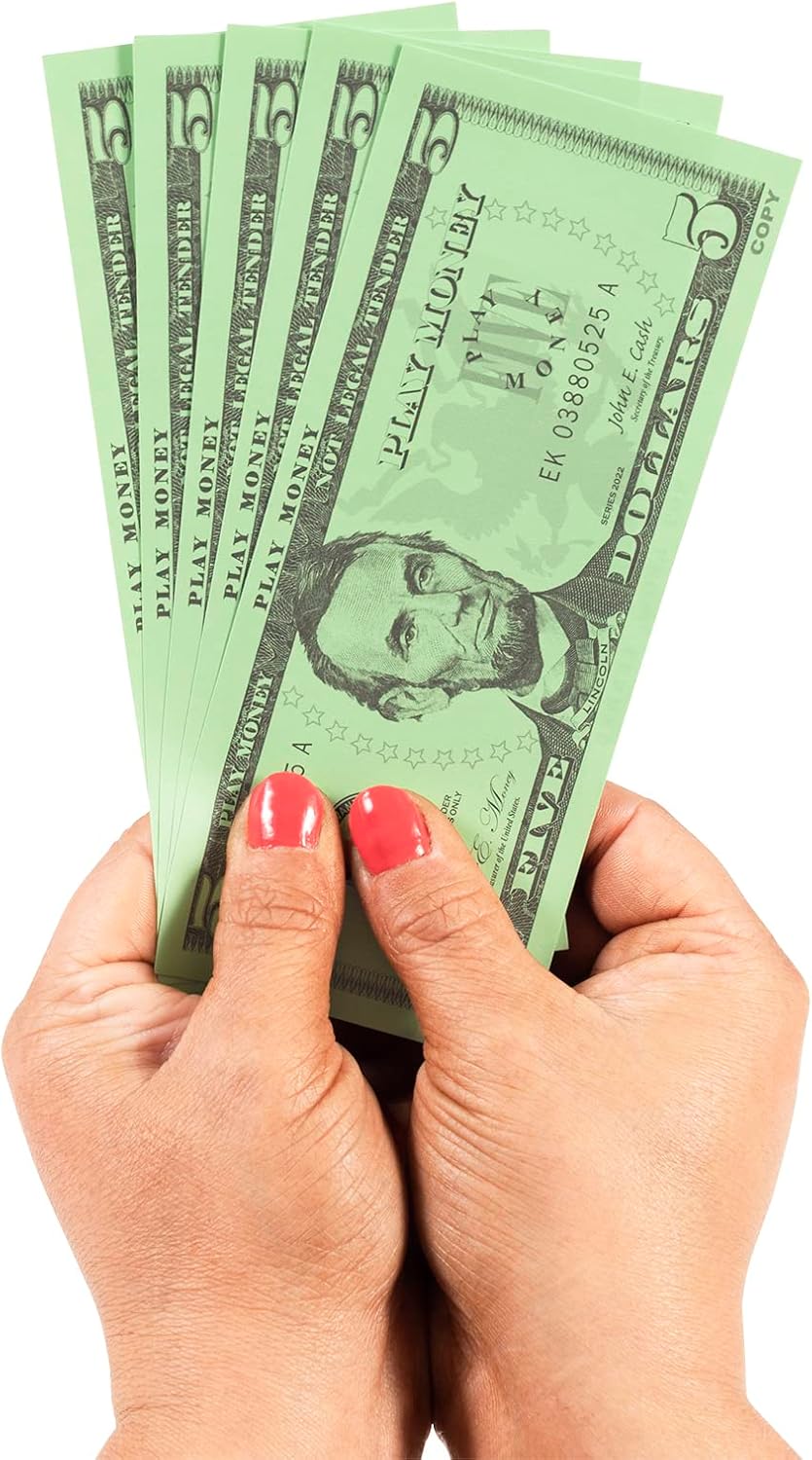 LEARNING ADVANTAGE Five Dollar Play Bills - Set of 100 $5 Paper Bills - Designed and Sized Like Real US Currency - Teach Currency, Counting and Math with Play Money