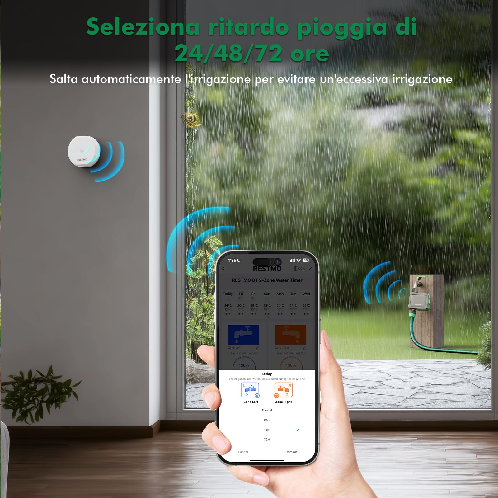 RESTMO Computer di irrigazione a 1 zona Wi-Fi + hub RF con flussometro | Orologio di irrigazione Automatico da Giardino, Controllo di Irrigazione, Sistema di Irrigazione per Giardino e Prato