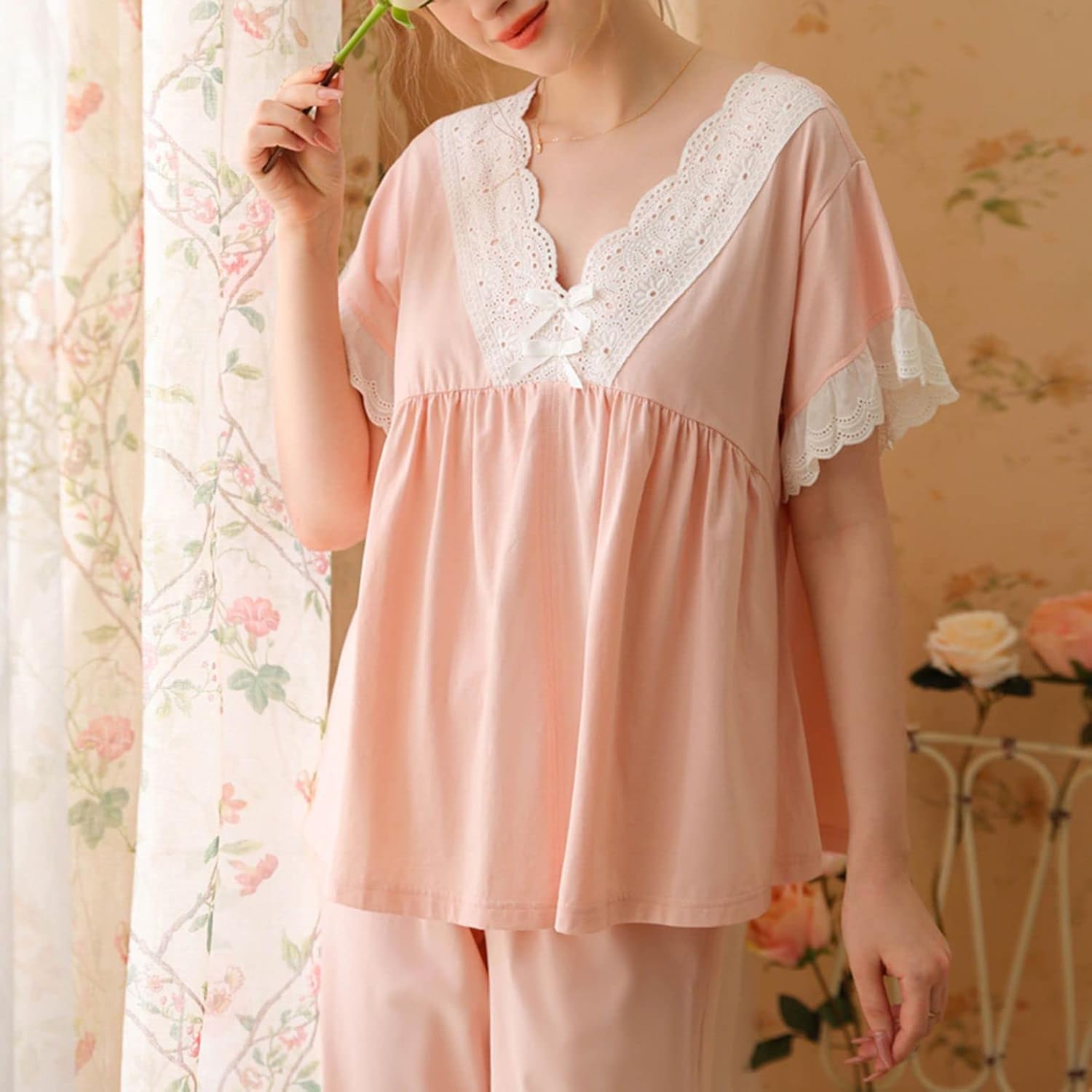 Women's Cute Cotton Pajama Set Summer 2 Piece V Neck Lace Sleeping Shirt Capri Pants Set Soft Comfy Sleepwear