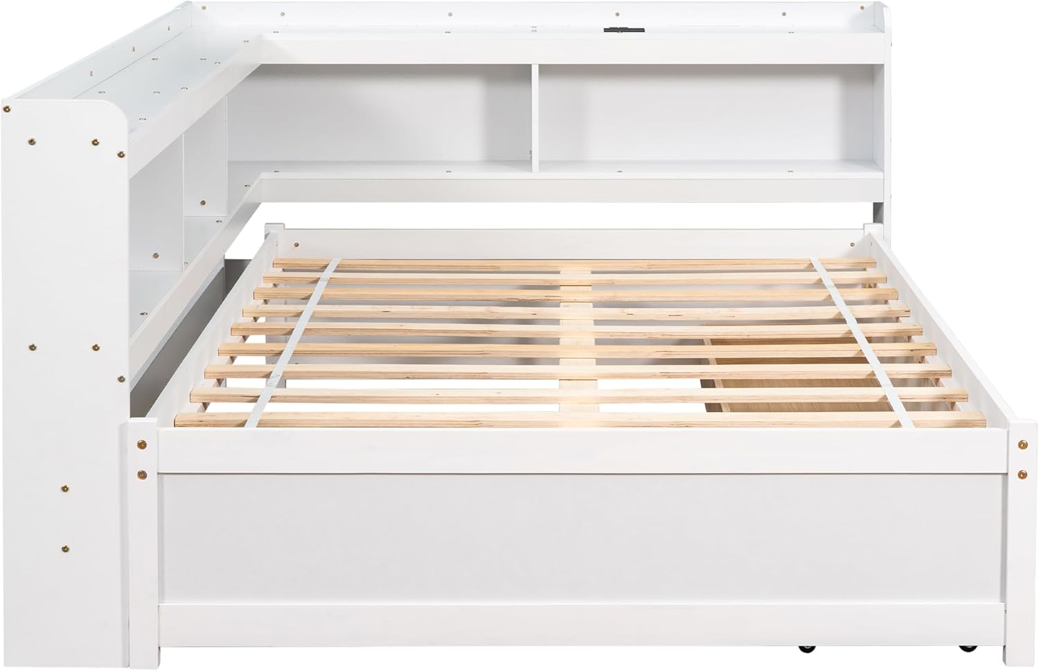 Full Size Corner Bed Frame with L-shaped Bookcase Headboard, Wood Platform Bed with Charging Station and USB Ports, 2 Storage Drawers on Wheels, No Box Spring Needed, Space-Saving Design, White