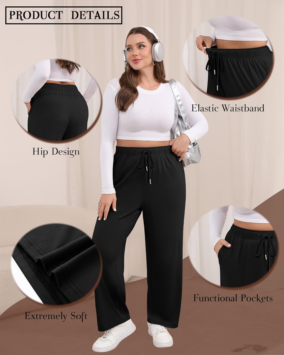 4 Pack Women's Plus Size Pants Lounge Wide Leg Yoga Pants High Waist Drawstring Sweatpants with Pockets - Image 3