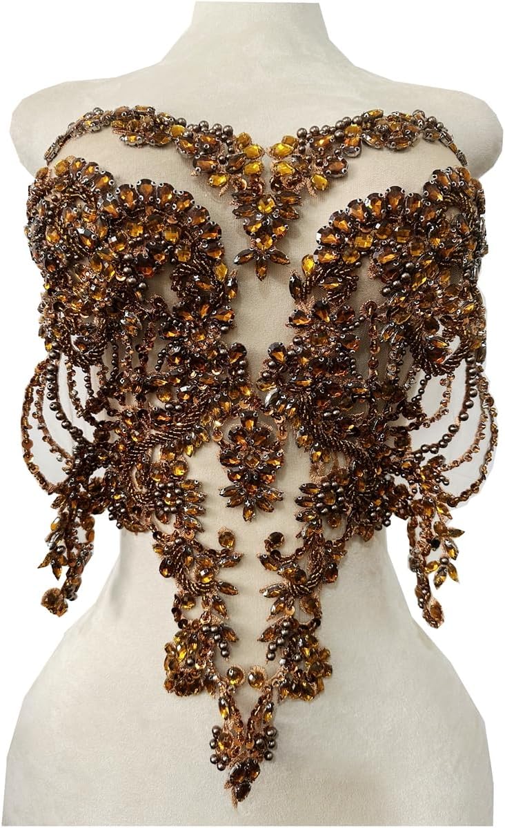 Handmade rhinestone lace bodice applique patch