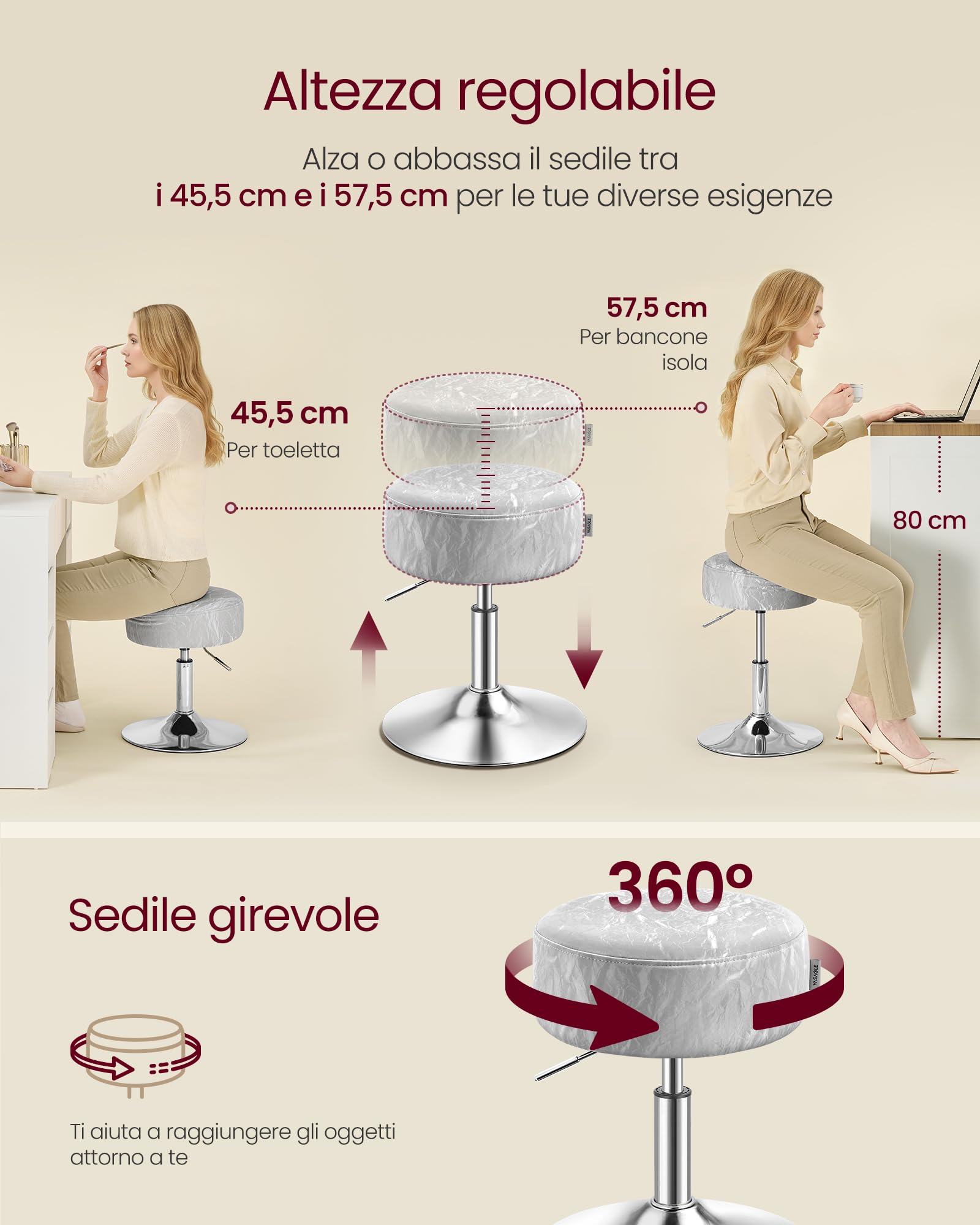 VASAGLE Sgabello da Trucco, Sedia per Toeletta, Regolabile in Altezza, Girevole a 360°, in PU, Seduta Spessa, per Camera da Letto Cucina Sala da Pranzo, Moderno, Grigio Tortora LJB120GD01 | Sedia per Toeletta, in Pelle PU, Seduta Spessa, Moderno, Grigio T