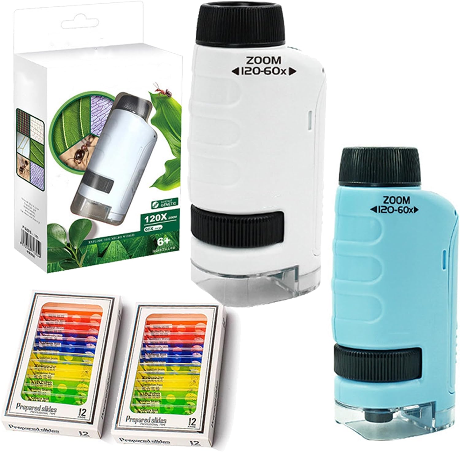 Portable Pocket Microscope, Handheld Microscope for Kids with LED Light, 60x-120x Magnification & 12 Specimen Slides (White+Blue)