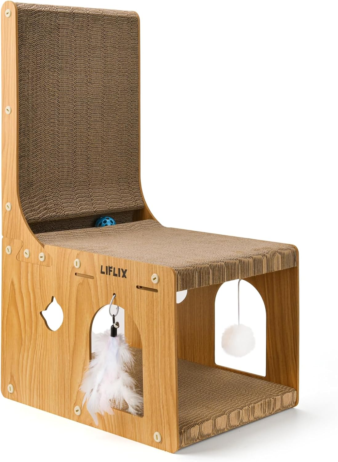 LIFLIX L-Shaped Double-Layer cat Scratching Board, Cardboard cat Scratching Post with Toys, Cat Scratcher & Hideaway for Indoor Cats to Scratch, Rest and Play