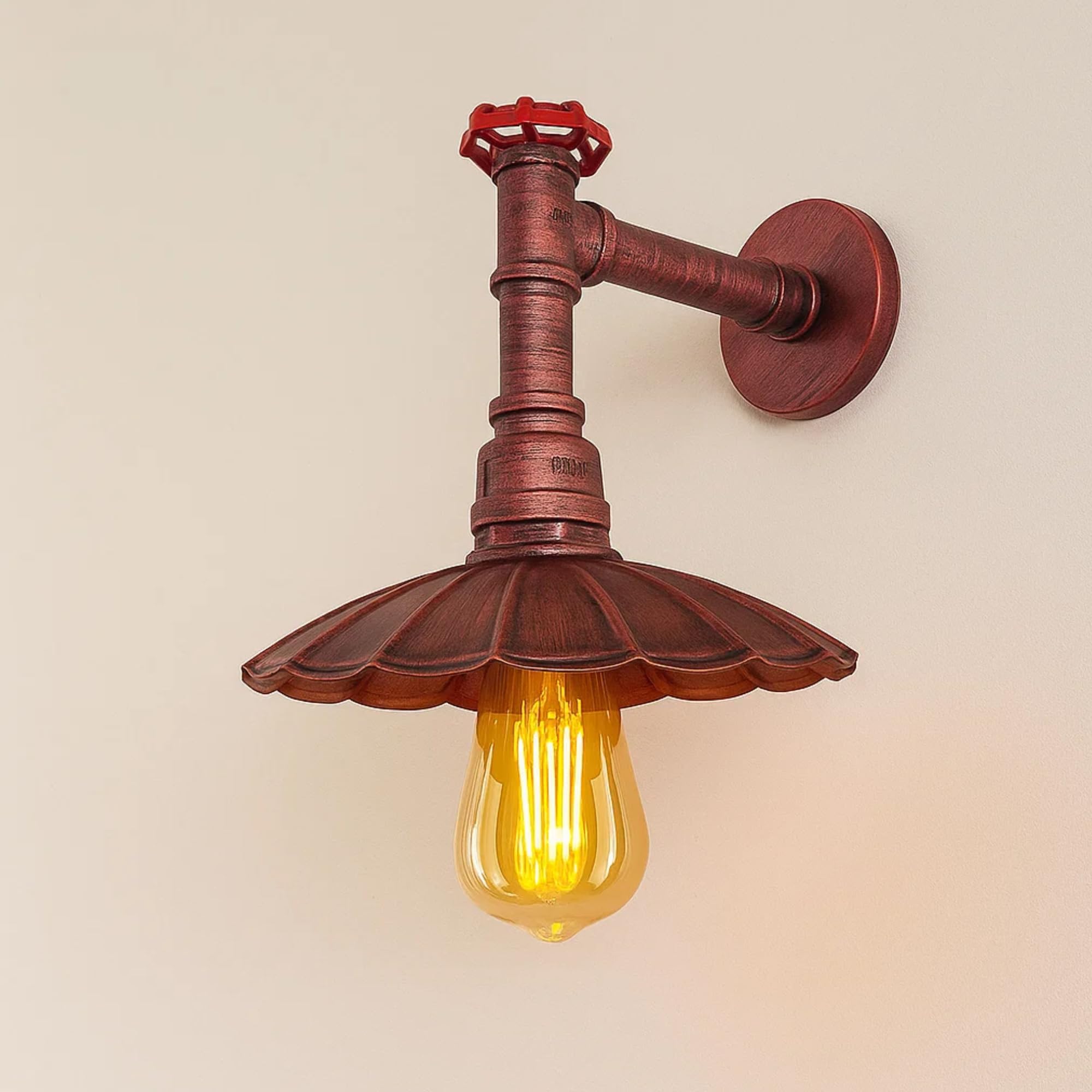 LEDSone Industrial Vintage Water Pipe Wall Light Umbrella Metal Shade Rustic Red Wall lamp E27 Creative Steampunk Wall Sconce for Bedroom, Living Room, Farmhouse, Bar, Café Décor