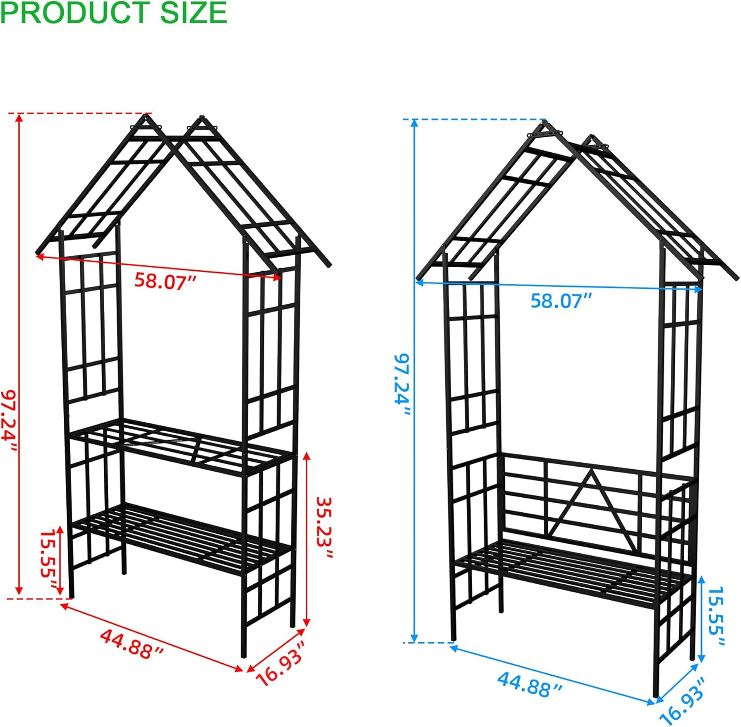 Garden Arch with Bench & Flower Stand, Heavy Duty Metal Rose Arbor Trellis for Climbing Plants, Convertible Outdoor Bench & Plant Holder, Powder Coated Rust-Resistant Wedding Arch Lawn Decor