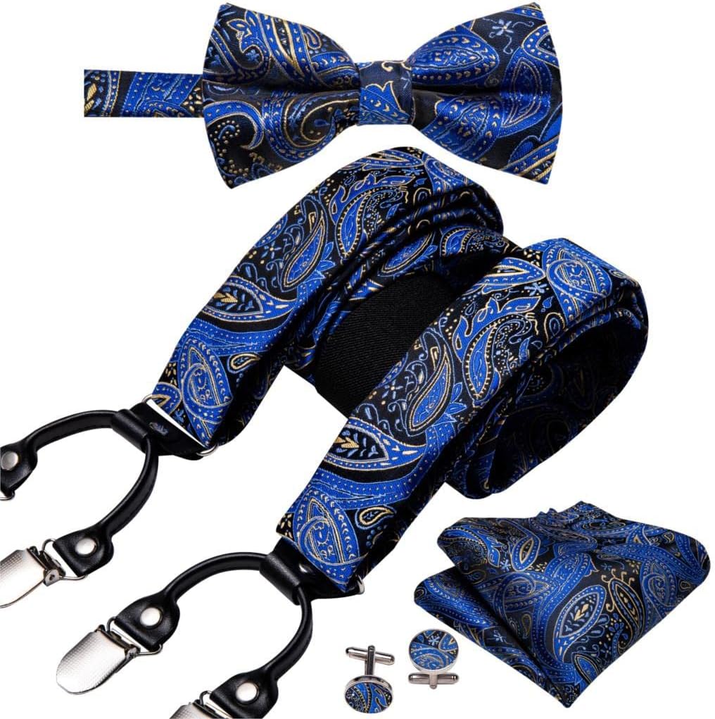 Suspender for Men Silk Bowtie Set Cufflinks Elastic Wedding 6 Clips Bow Tie for Party