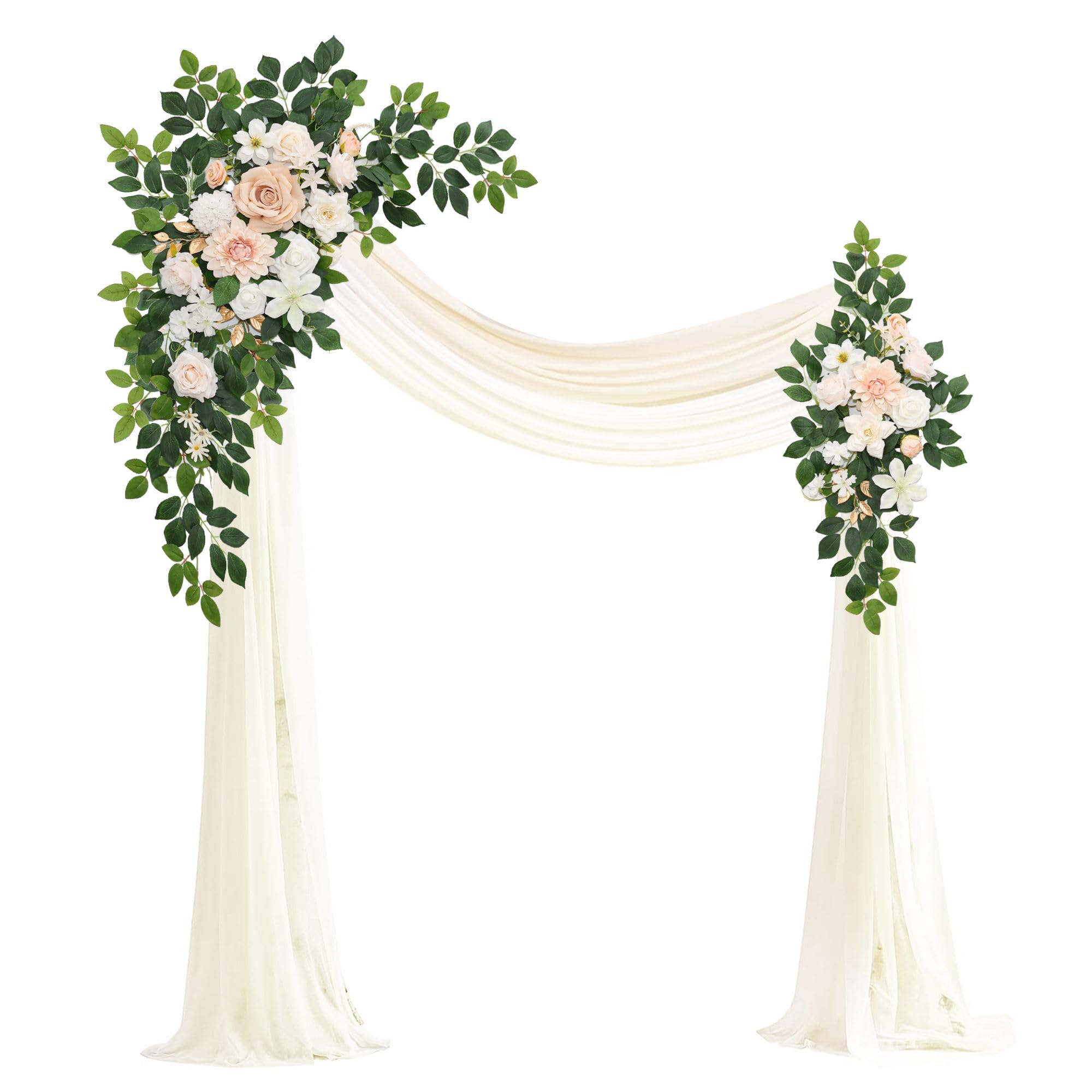 Muhanjia Künstliches Hochzeitsbogen-Blumen-Set (4 Stück), 2 künstliche Blumenbögen, 2 Chiffon-Stoffvorhänge, Zeremonie-Dekoration, Blumen-Party-Dekoration (Champagner und Creme)