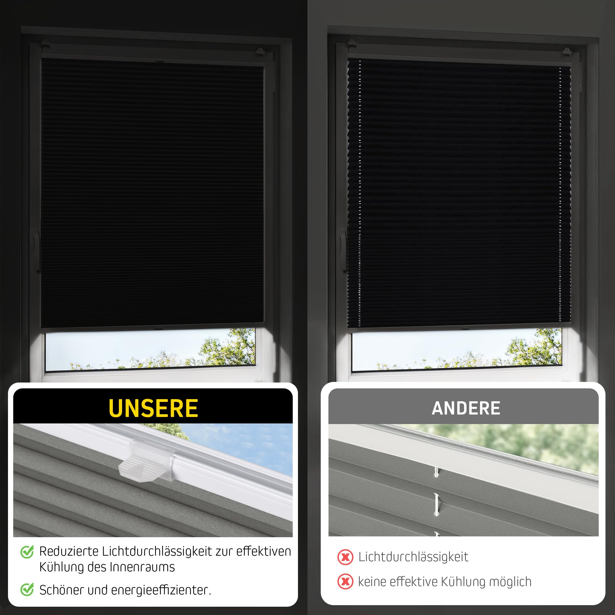 Jalousiescout Klemmfix Tende Plissettate a Nido d'Ape Senza Foratura, 40x140cm, grigio, Termiche Oscuranti, Protezione Sole/Privacy/Calore per Finestre e Porte