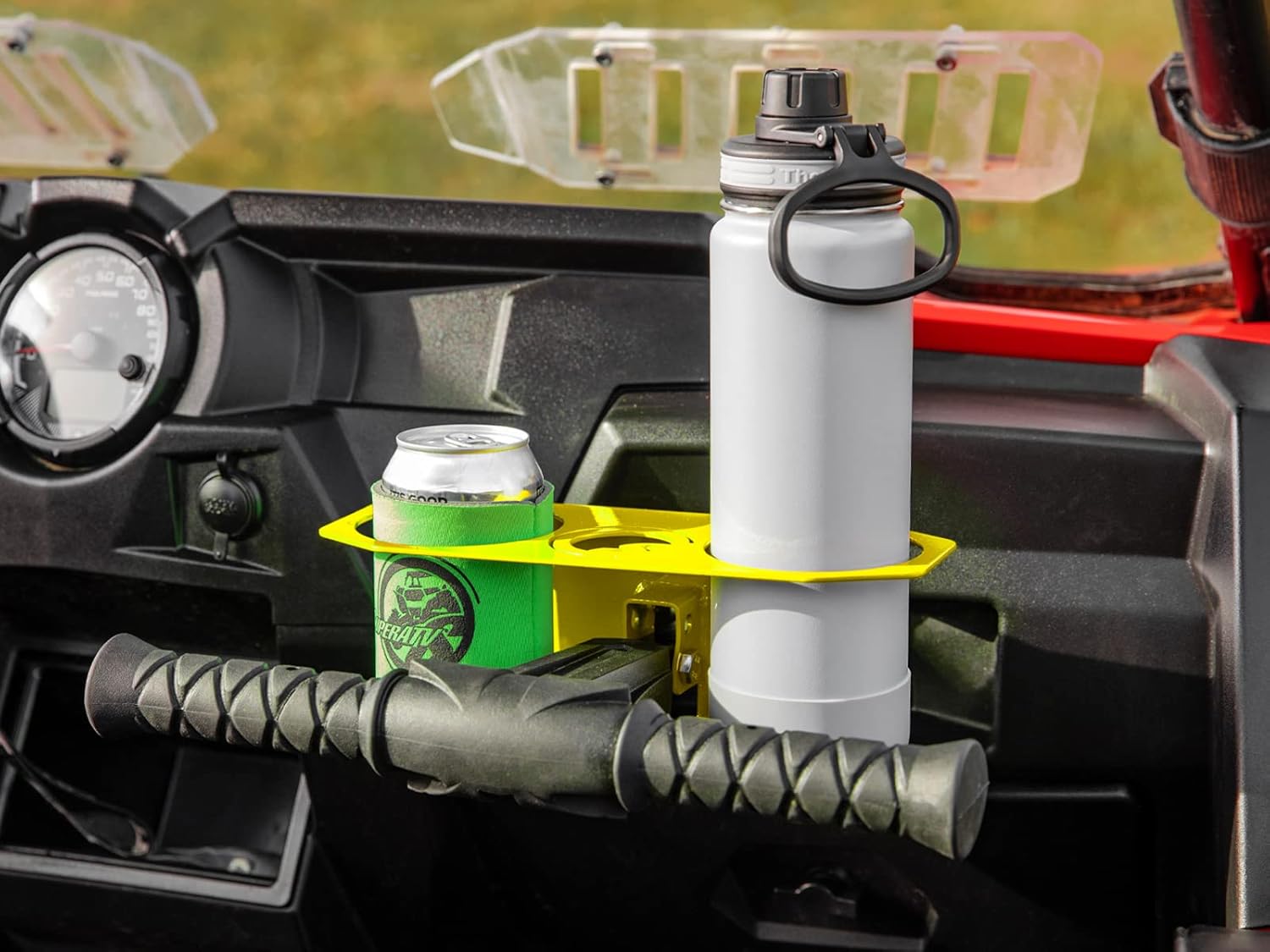 SuperATV Lime Squeeze Bar Cup Holder for Polaris RZR 570/800 / 900 / XP Turbo/XP 1000 (See Fitment) | Fits 3.25" Diameter Containers | Steel | Easy Access to Drinks | 2 Cup Holders