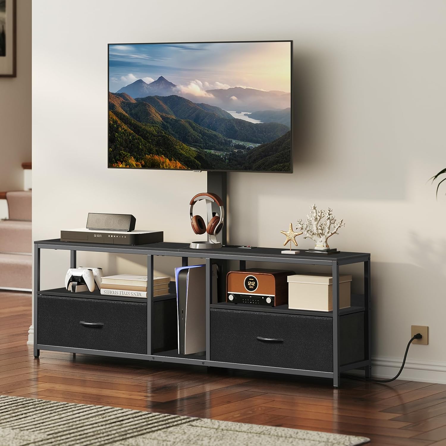 TV Stand with Mount for up to 75", Entertainment Center with Switch-Controlled Charging Station, Swivel TV Stand Mount with Fabric Drawers, for Living Room, Black TVBK154E01N2
