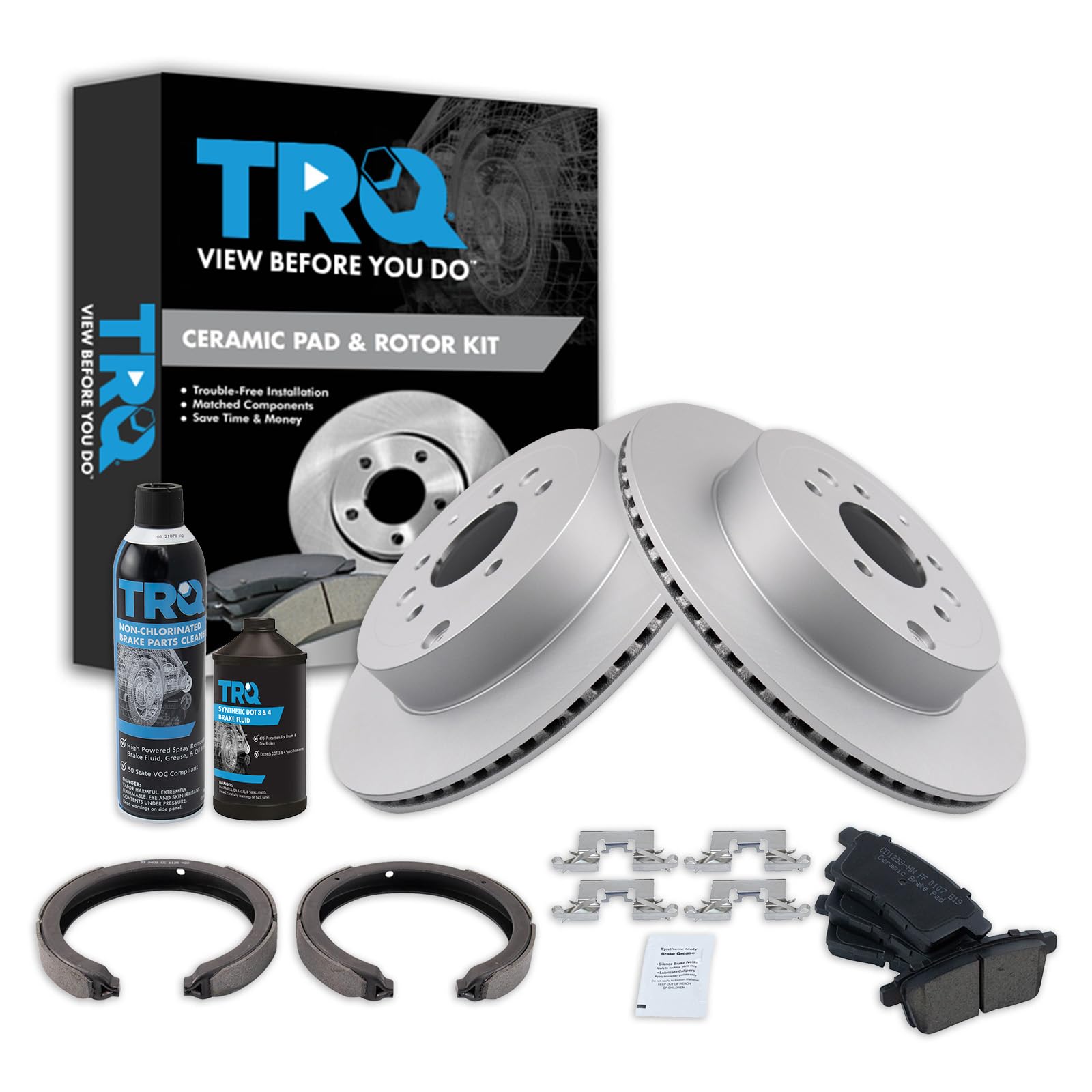 TRQ Rear Brake Pad &amp; Rotor Kit, with Chemical Kit Parking Brake Shoe Set Ceramic Premium G-Coated Compatible with 2007-2012 Mazda CX-9