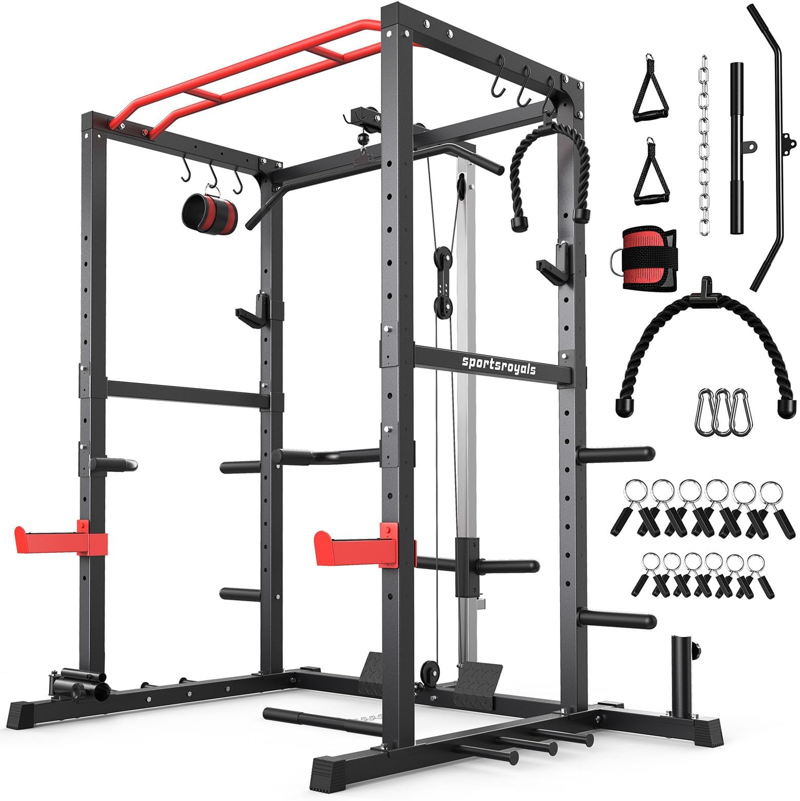 Sportsroyals Squat Rack, LAT Power Cage, Power Rack Multi-Function with Pulley System and Training Attachments for Home Gym