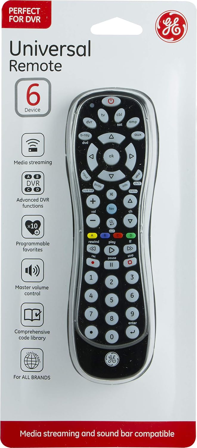 Popular GE Universal Remote Control for Samsung, Vizio, Lg, Sony, Sharp, Roku, Apple TV, TCL, Panasonic, Smart TVs, Streaming Players, Blu-Ray, DVD, 6-Device, Black, 34459