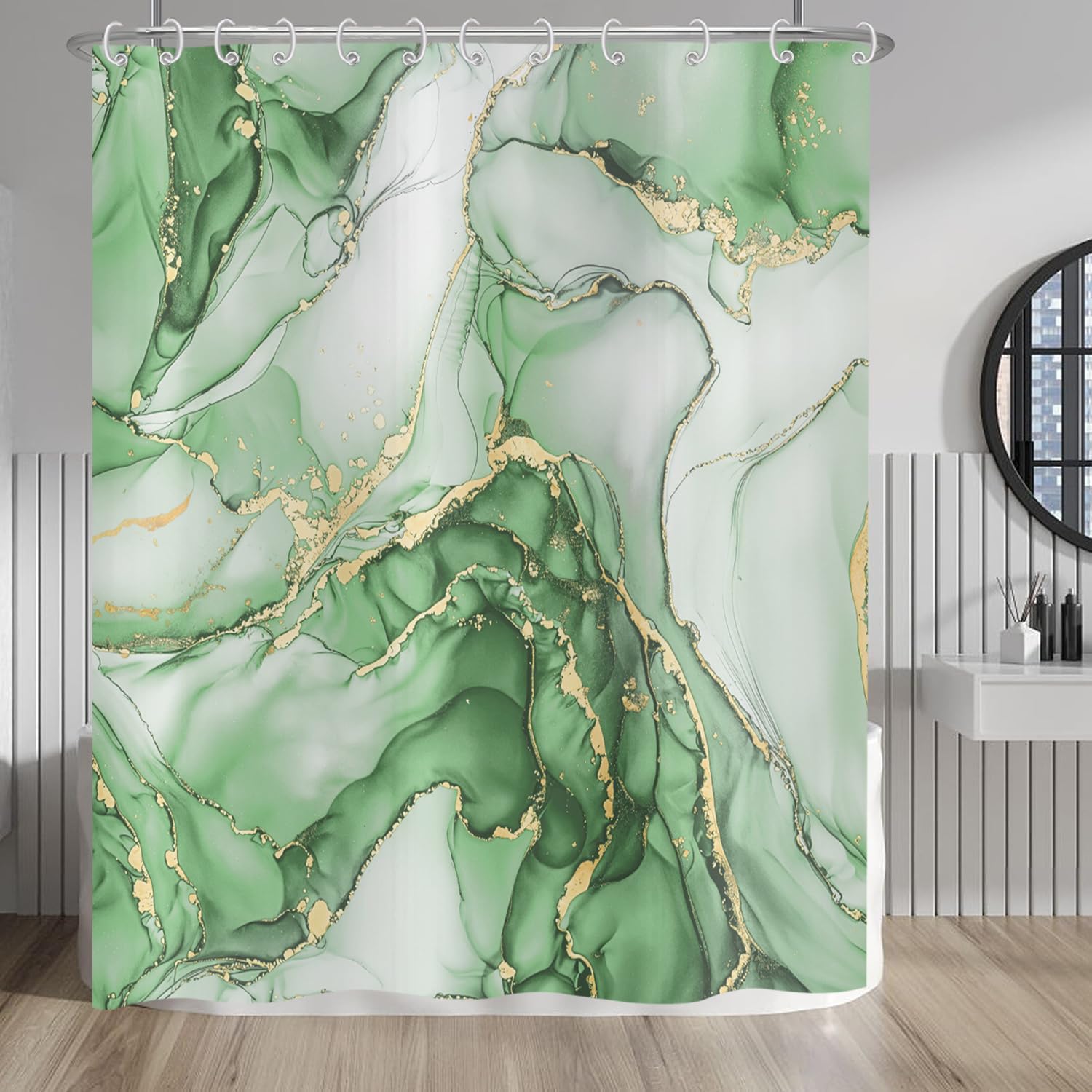 Rideau de bain marbre or et vert sauge 180x200 en tissu haut de gamme