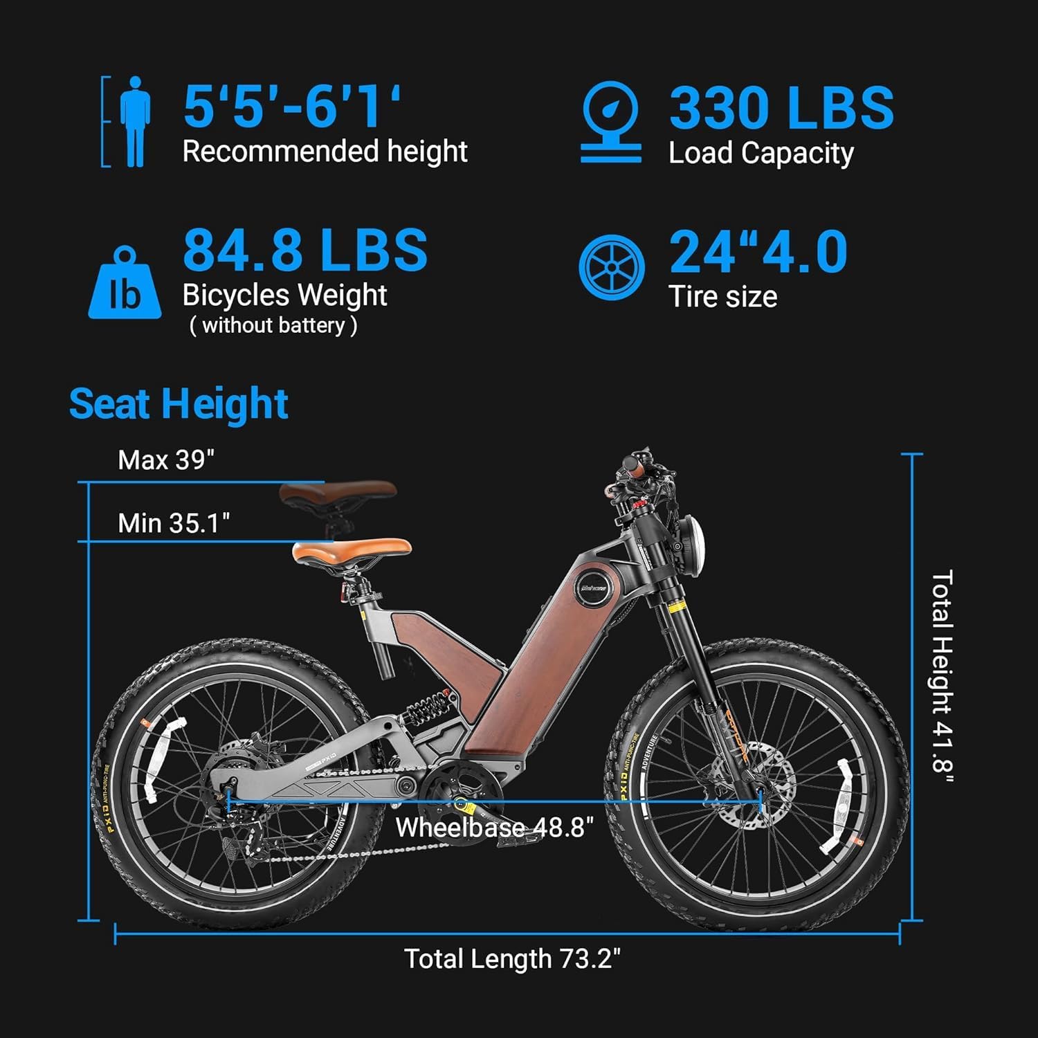eAhora Ebike P5 Ⅱ 34Mph 1700W Electric Bike for Adults, 48V 20Ah Samsung Battery, 80-120Miles Long Range E Bike, 24*4.0" Fat Tire Electric Mountain Bike, Unibody Magnesium Alloy Frame, Full Suspension