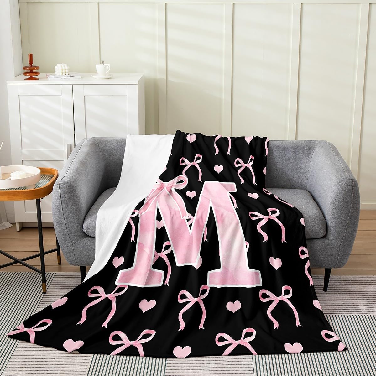 Erosebridal Initial Letter A-Z Flannel Blanket Throw 50x60 Inch for Girls Black Pink M Alphabet Fleece Blanket Ombre Bow Cute Love Hearts Aesthetic
