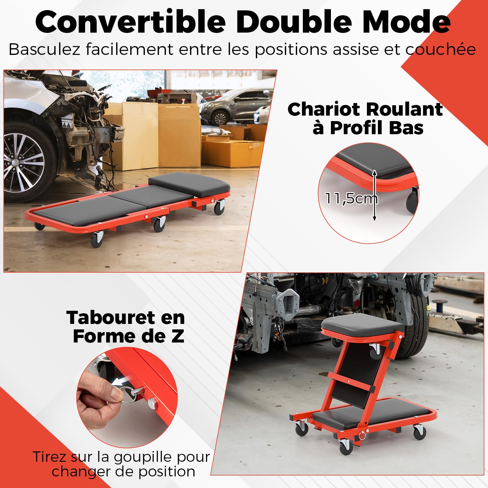 GYMAX Chariot d'Atelier en Forme de Z, Plateau d'Atelier Pliable 2 en 1, Planche de Montage Roulante avec Siège Rembourré et 6 Roues, Fonction Assise et Couchée, pour Réparation Automobile (Noir)