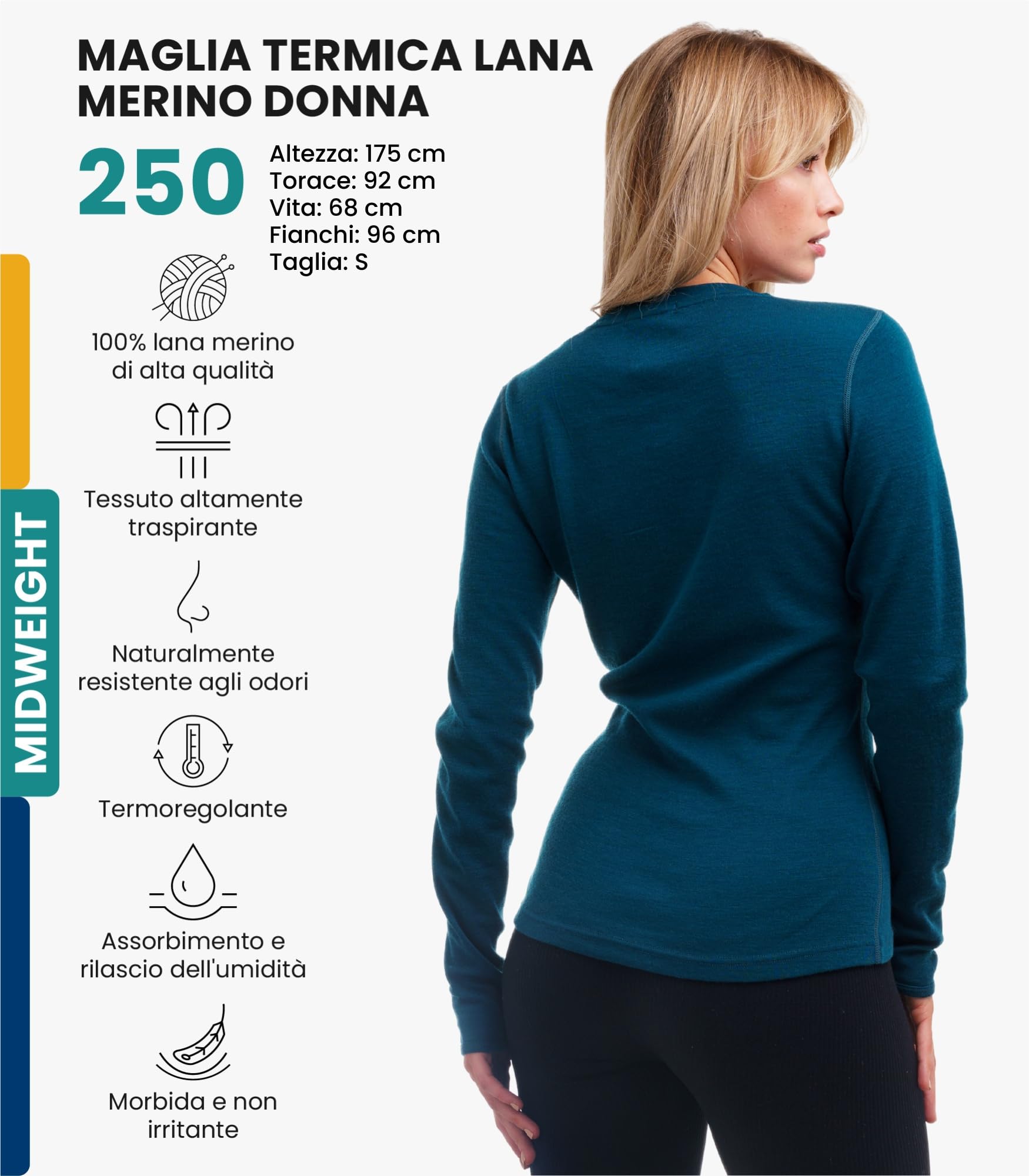 Merino.tech Maglia Termica Donna Lana Merinos - 100% Lana Merino Intimo Donna Leggero, Medio, Pesante con Calzini
