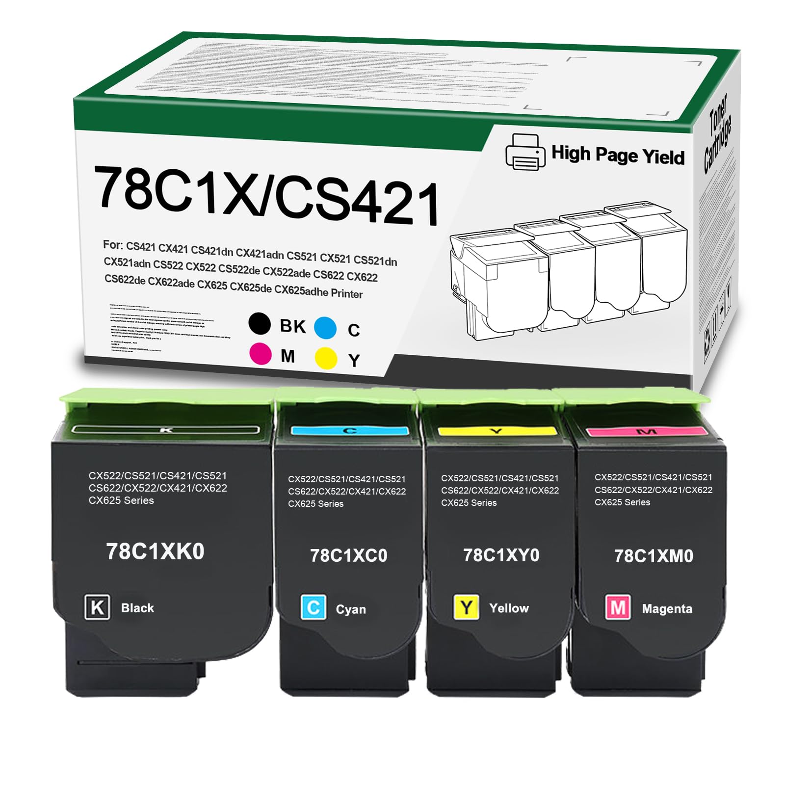 SRITE 78C1X 78C1XK0 78C1XC0 78C1XM0 78C1XY0 Toner Cartridges Extra High Yield Replacement for Lexmark CS421 CS521 CS622 CX522 CX421 CX622 CX625 Printer | with New Chip