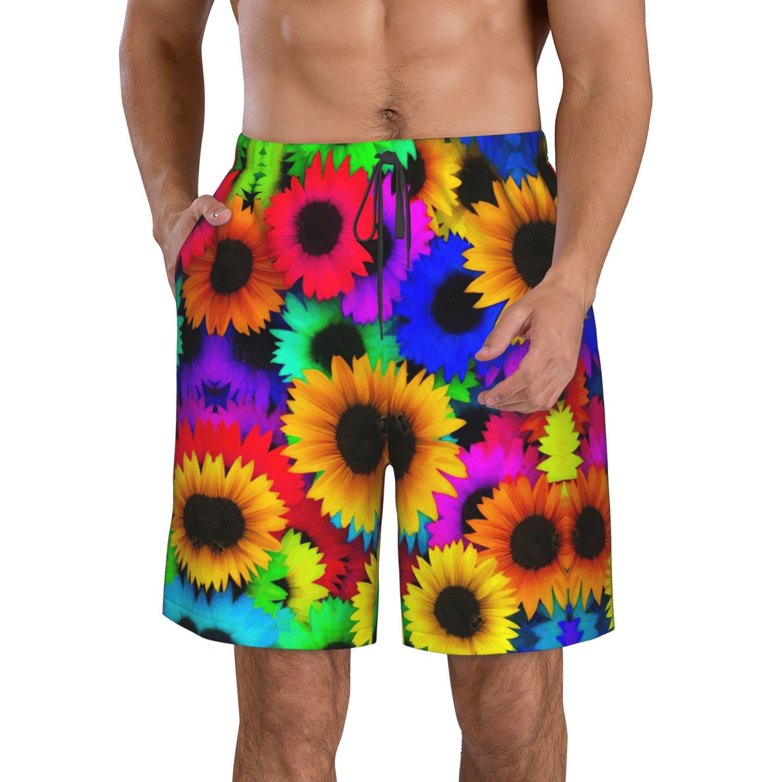 Yagdaa Men's White Rainbow Sunflower Print Shorts Casual Flat Front Shorts Quick-Dry Shorts For Summer Athletic Beach Gym