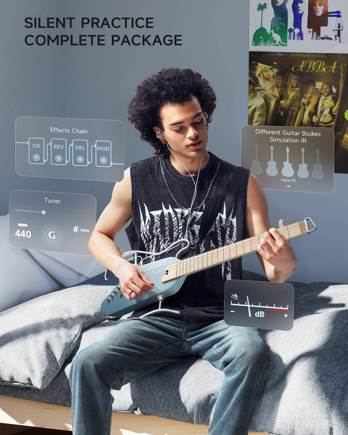 Donner Akustik-E-Gitarre HUSH I PRO Reise-Gitarre mit mehreren Effektmodi, Smart Gitarre-Set inklusive Kopfhörer, Gigbag, Gurt und Ladekabel, Hawaiian Blue