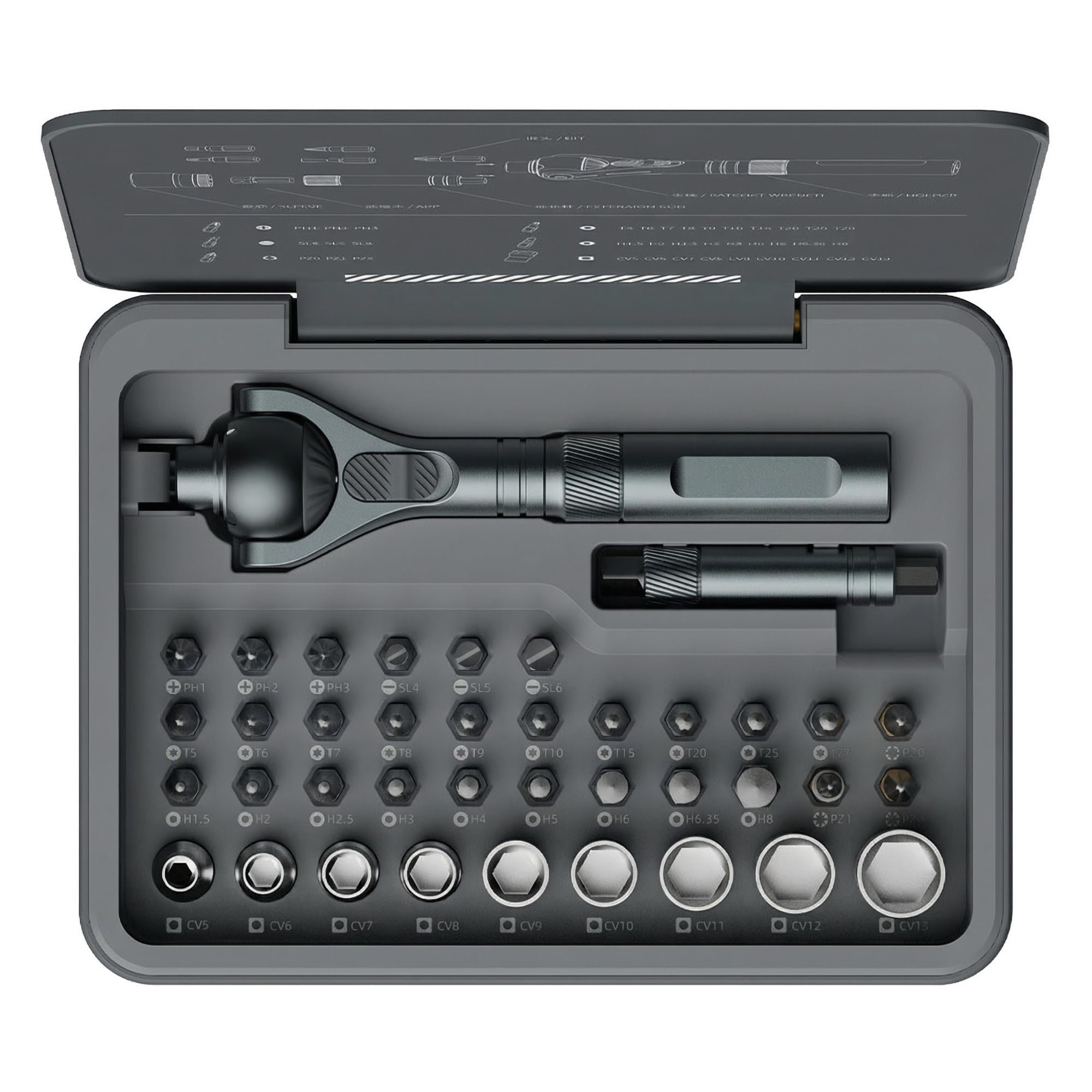 AtuMan Juego de destornilladores de trinquete 40 en 1 con mango desmontable, cabeza de trinquete de 180°, mecanismo de 45 dientes, kit de herramientas magnéticas con funda para computadora, reparación
