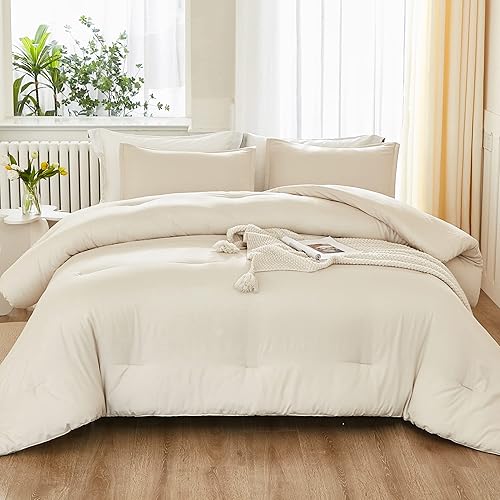 Miniatura 3 de Litanika Edredón de tamaño King, color beige, juego de ropa de cama y colecciones bohemias ligeras de 3 piezas, edredón de plumón alternativo para