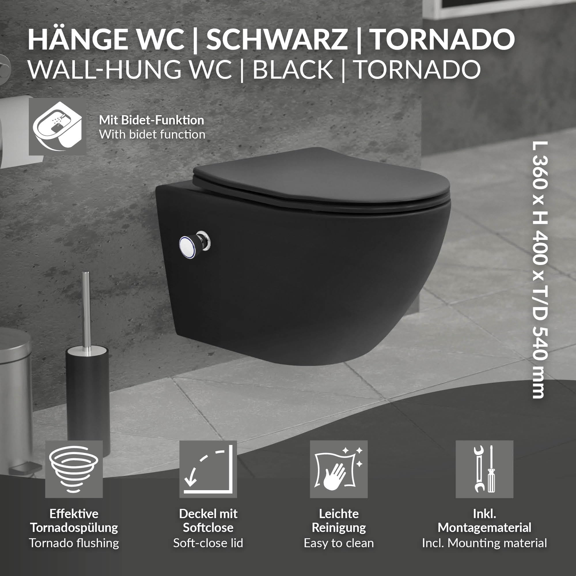 LuxeBath WC Suspendido con Función Bidé Negro de Cerámica, Inodoro Colgante 54cm Largo con Cierre Suave Descarga Profunda de Tornado para Baño, Wáter con Asiento Extraíble y Tapa Brillante Softclose