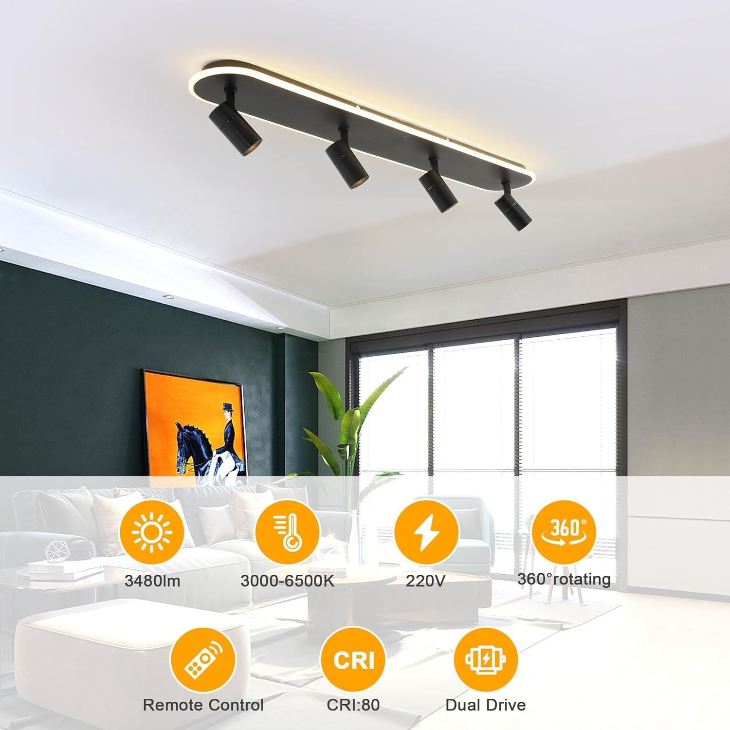 مصباح سقف LED 4 سبوت لايت 58 واط باللون الأسود، قا...