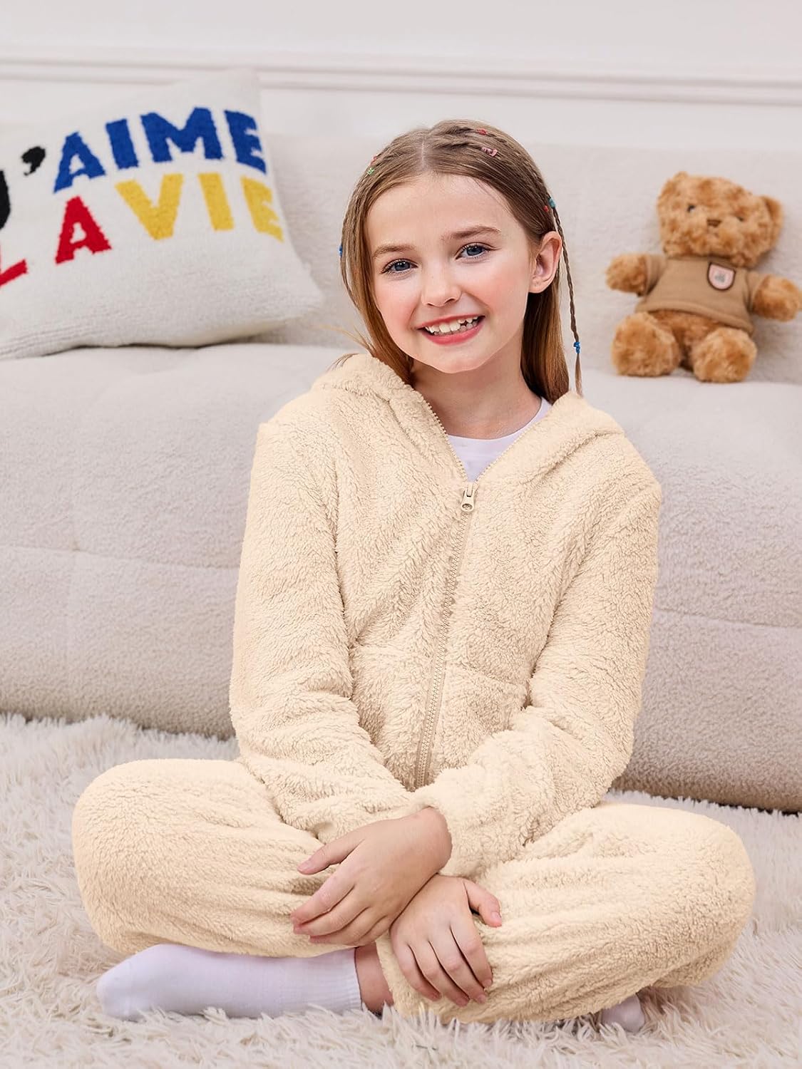 rrhss Girls Sherpa Fleece Onesie Pajamas Kids Zip-Front Animal One-Piece Hooded Sleepwear 5-14 Years - Image 6
