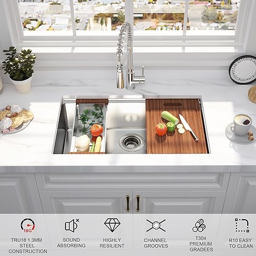 Miniatura 3 de Fregadero de cocina con estación de trabajo de montaje inferior de 32 pulgadas, acero inoxidable 304T con repisa integrada para cocina, estación de