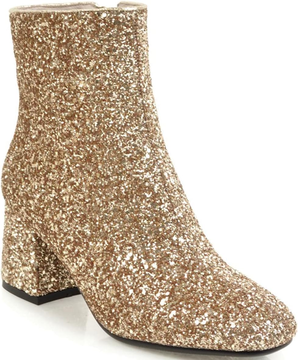 KOKOMOMO Womens Sequin Gogo Boots Sparkly Glitter Chunky Heeled Ankle Booties Zipper Party Prom Shoes