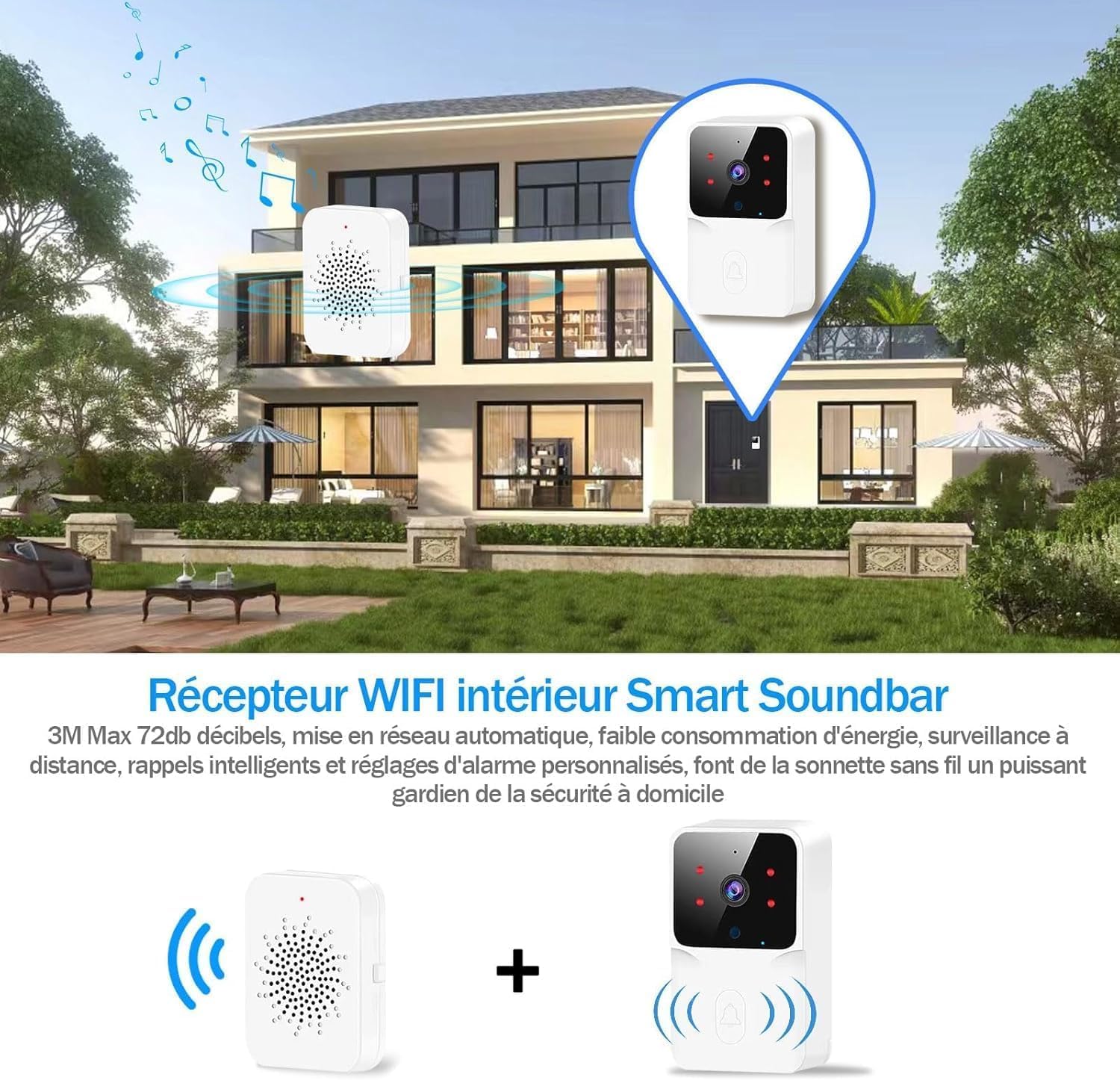 Sonnette sans Fil Extérieure Étanche,Sonnette Vidéo sans Fil avec Caméra,1080P Surveillance WiFi de Vision Nocturne HD,Audio Bidirectionnel, Alertes de Détection Humaine (Small)