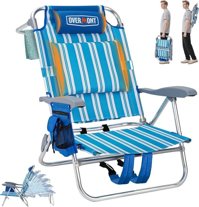 Low Beach Chair with Cooler Bag - 6-Positions Lay Flat with Ergonomic Armrests Headrest Lumbar Support, Towel Holder- Heavy-Duty 330lbs Support- Perfect for Summer, Travel & Relaxation