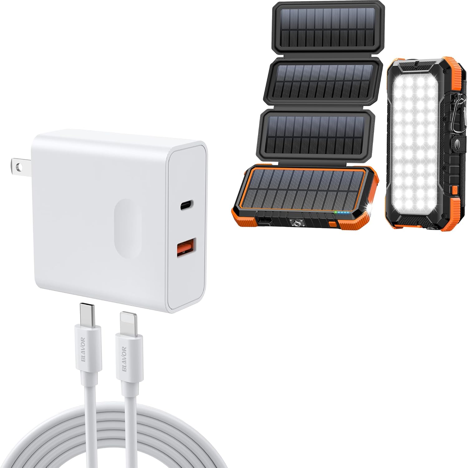 BLAVOR 20000mAh Solar Charger with 4 Foldable Panels+USB C Wall Charger 20W Dual Port Fast Charger with Cable
