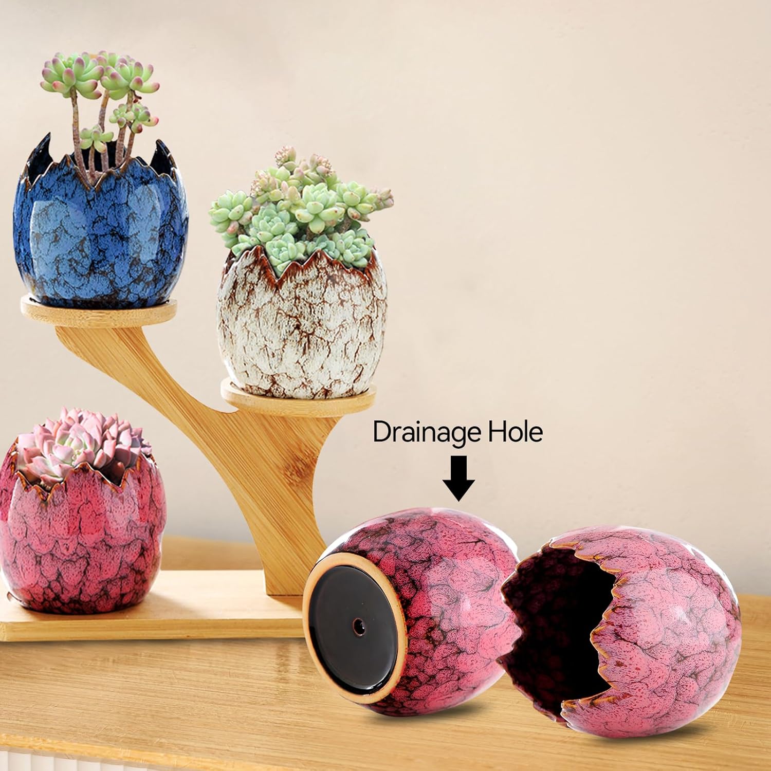 YYW Succulent Planter Pots Indoor Ceramic Decoration Cactus Small Flower Plant Pot with Tree Tier Bamboo Stand for Garden Kitchen Home Office Decor Plant Lovers Gifts 3Pcs