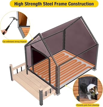Dog House Outdoor, Insulated Dog Kennel Outside for Large Breed, 50.87 L Weatherproof Large Dog Shelter with Anti-Chewing Iron Frame (Brown-H, 45 D x 32.9 W x 32.6 H)