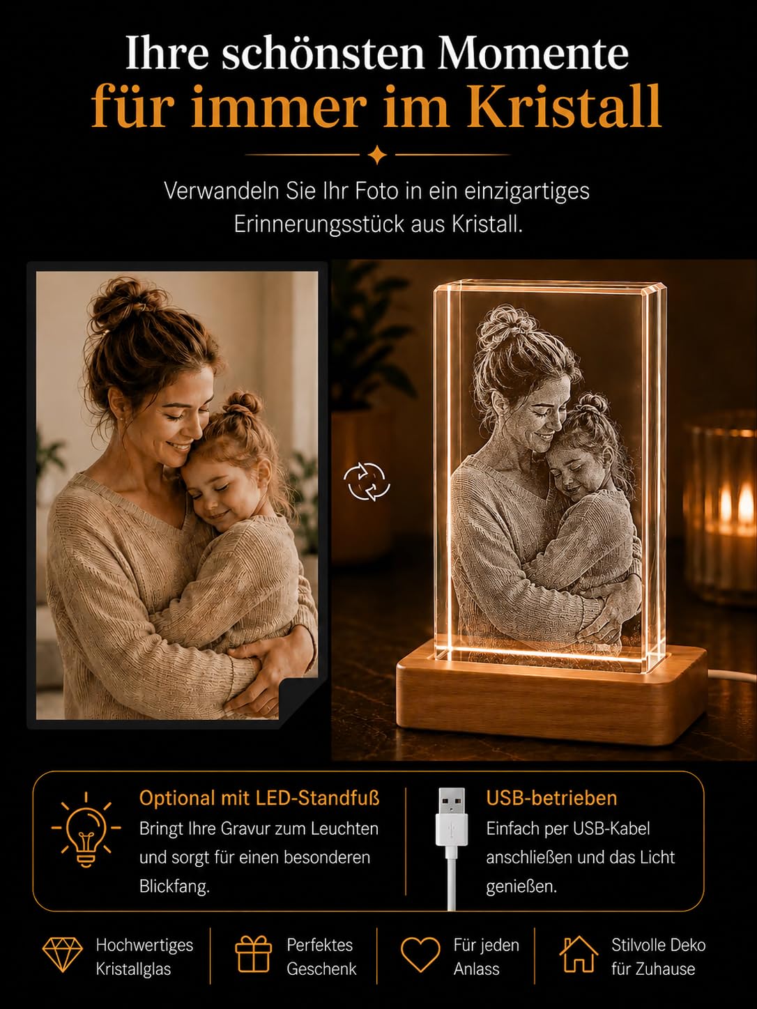 2.5D Kristall mit Foto, Foto Würfel mit LED-Sockel – Personalisiertes Kristallfoto aus K9 mit Lasergravur, Geschenk für Mama, Papa & Paare