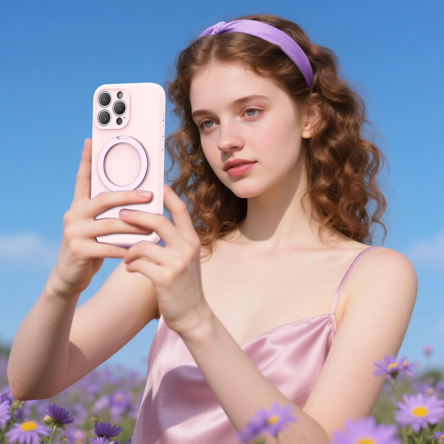 Compatible with iPhone 16 Pro Max Case 6.9'' with 360 Spin Magnetic Ring Stand[Compatible with Mag-Safe] Soft Liquid Silicone 16 Pro Max Case for Men Women,Pink