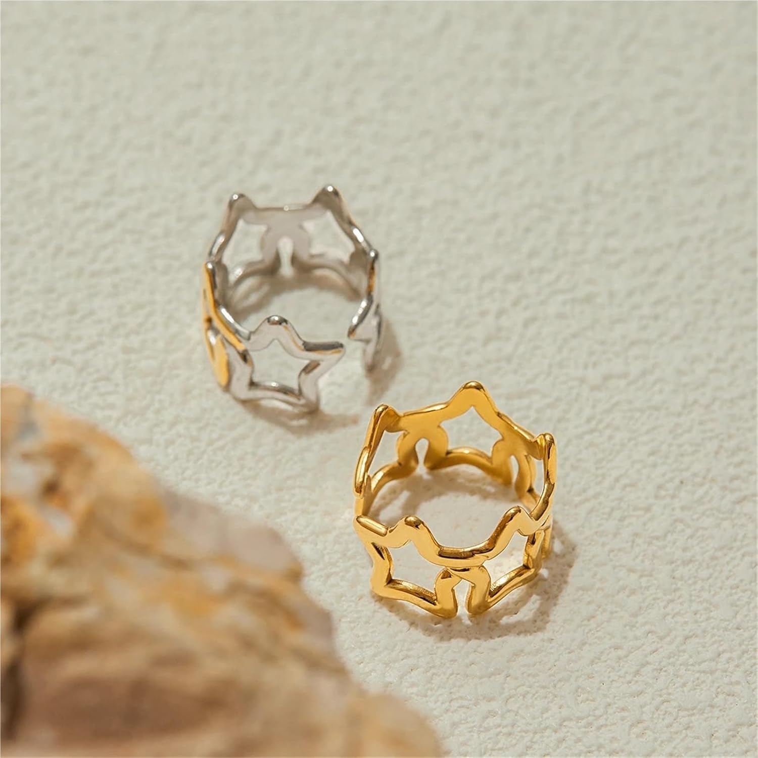 Two Color Skeleton Star Geometric Open Ring For Gift Stainless Steel Finger Jewelry Adjustable Ring