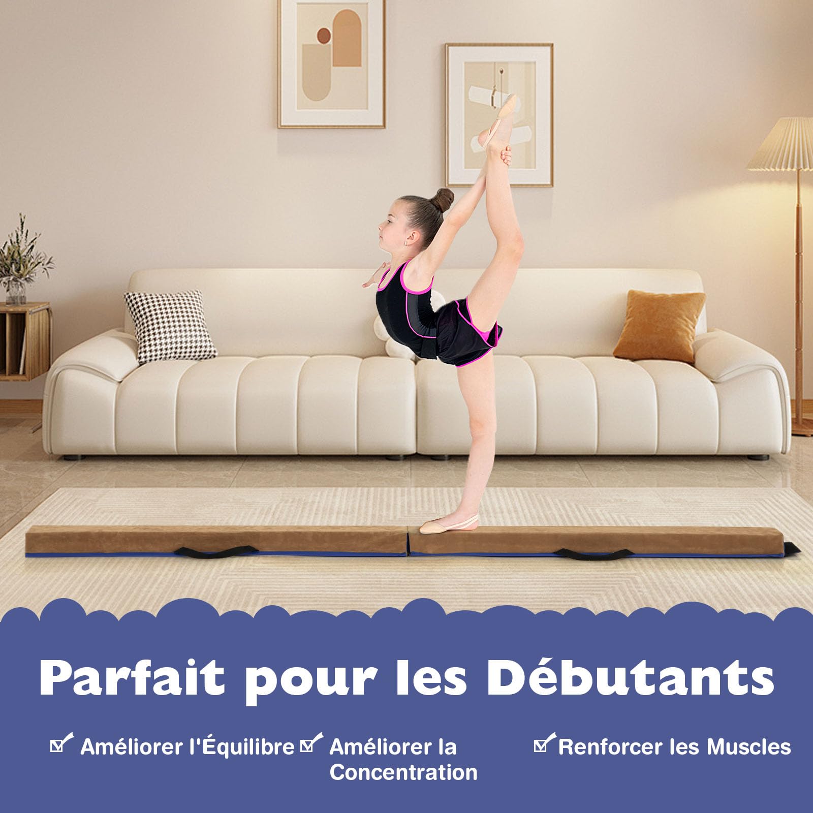 GOPLUS 240cm Poutre Gymnastique Pliable, Poutre Gymnastique Enfants et Adultes, EVA+EPE, 2 Poignées, 6,5cm d'épaisseur, Entraînement de Gymnastique à Domicile