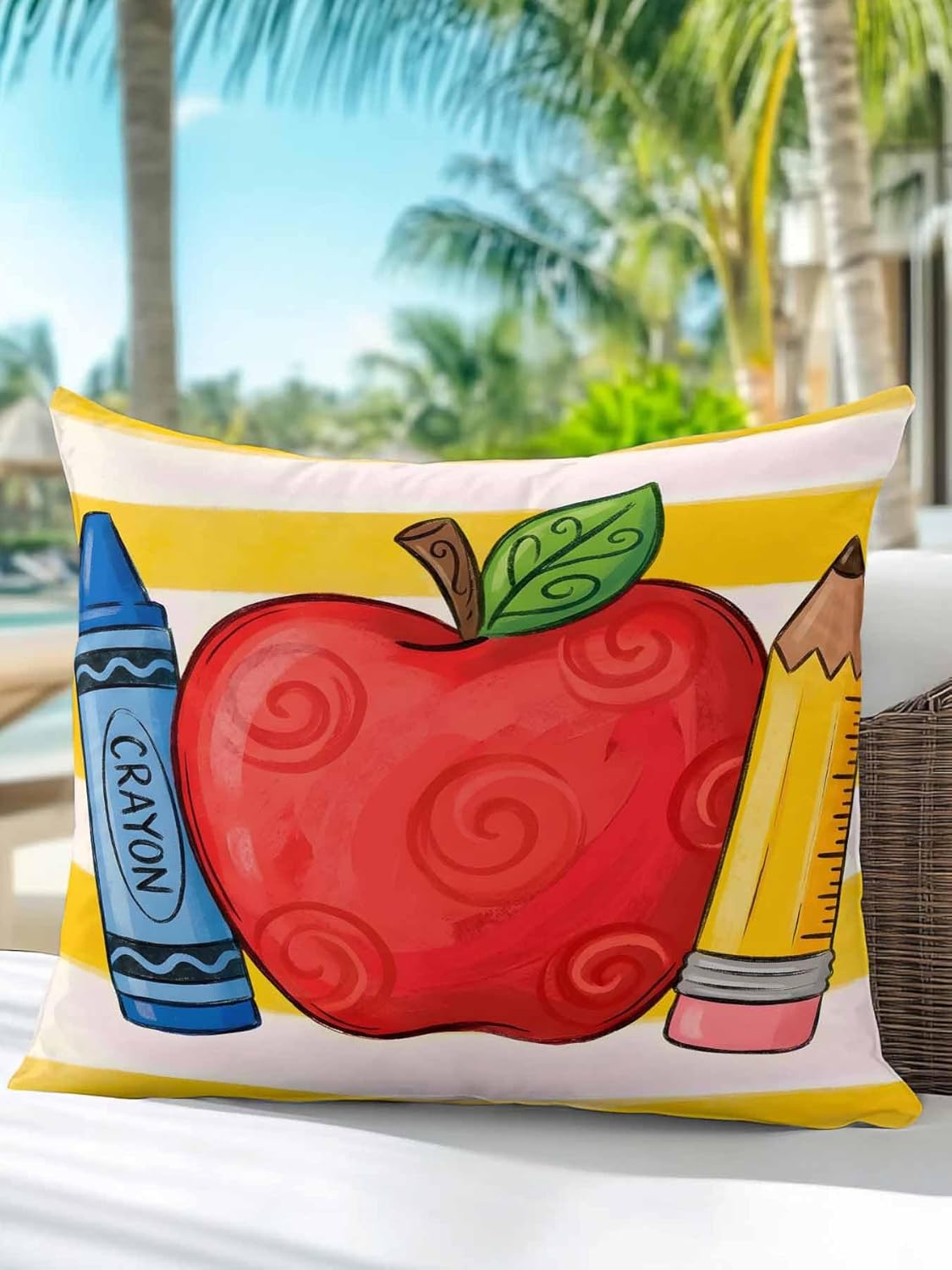 1 Pack Outdoor Pillows Waterproof, Children's Day Indoor/Outdoor Throw Pillows with Inserts, Funny Cartoon Pencil Yellow Striped Decorative Pillow for Patio Furniture Chairs Couch 18"x18"