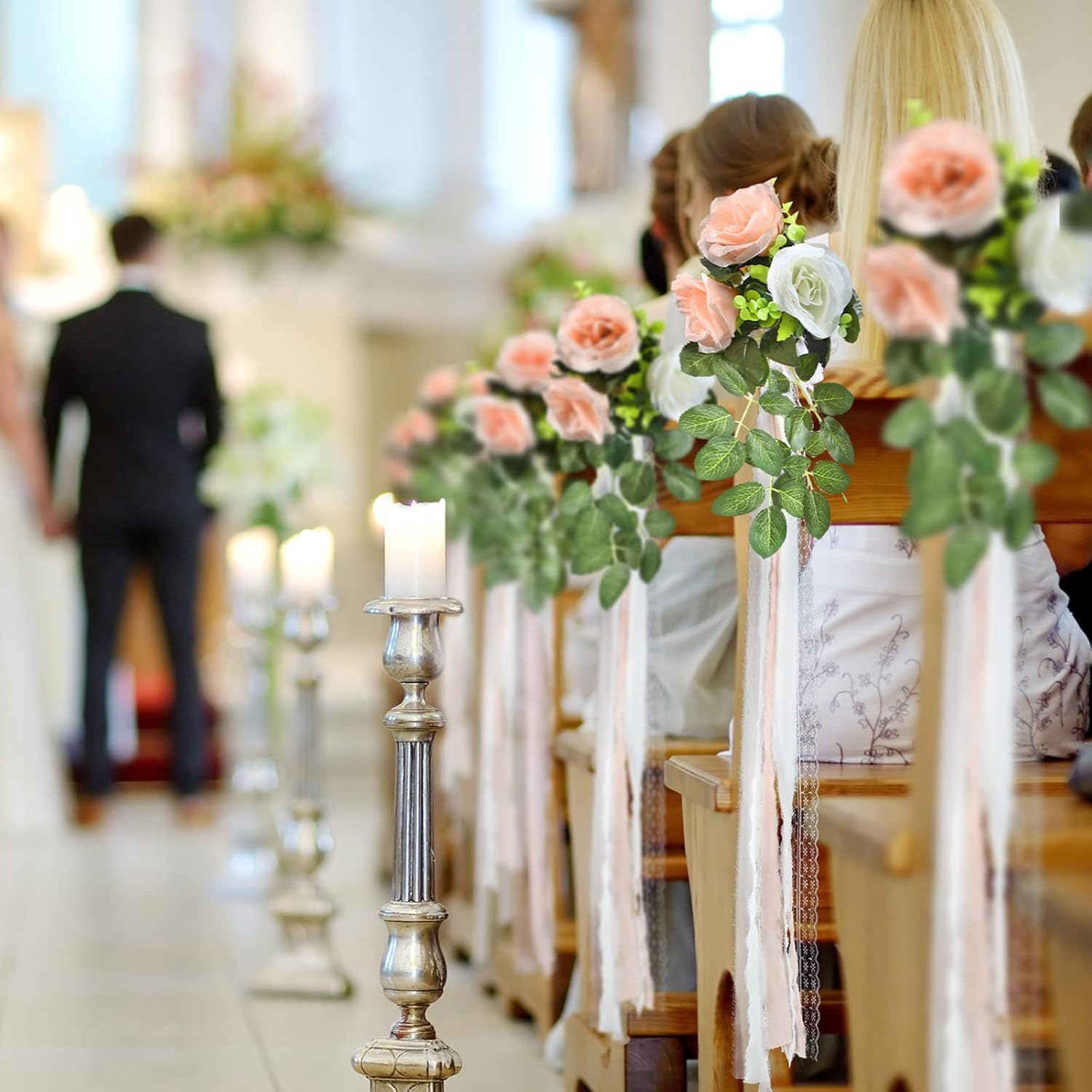 Giegxin 16 Pcs Wedding Aisle Decorations Pew Flower for Wedding Ceremony Aisle Chair Artificial Rose Chair Back Floral Decoration with Eucalyptus and Ribbons for Ceremony Church Party