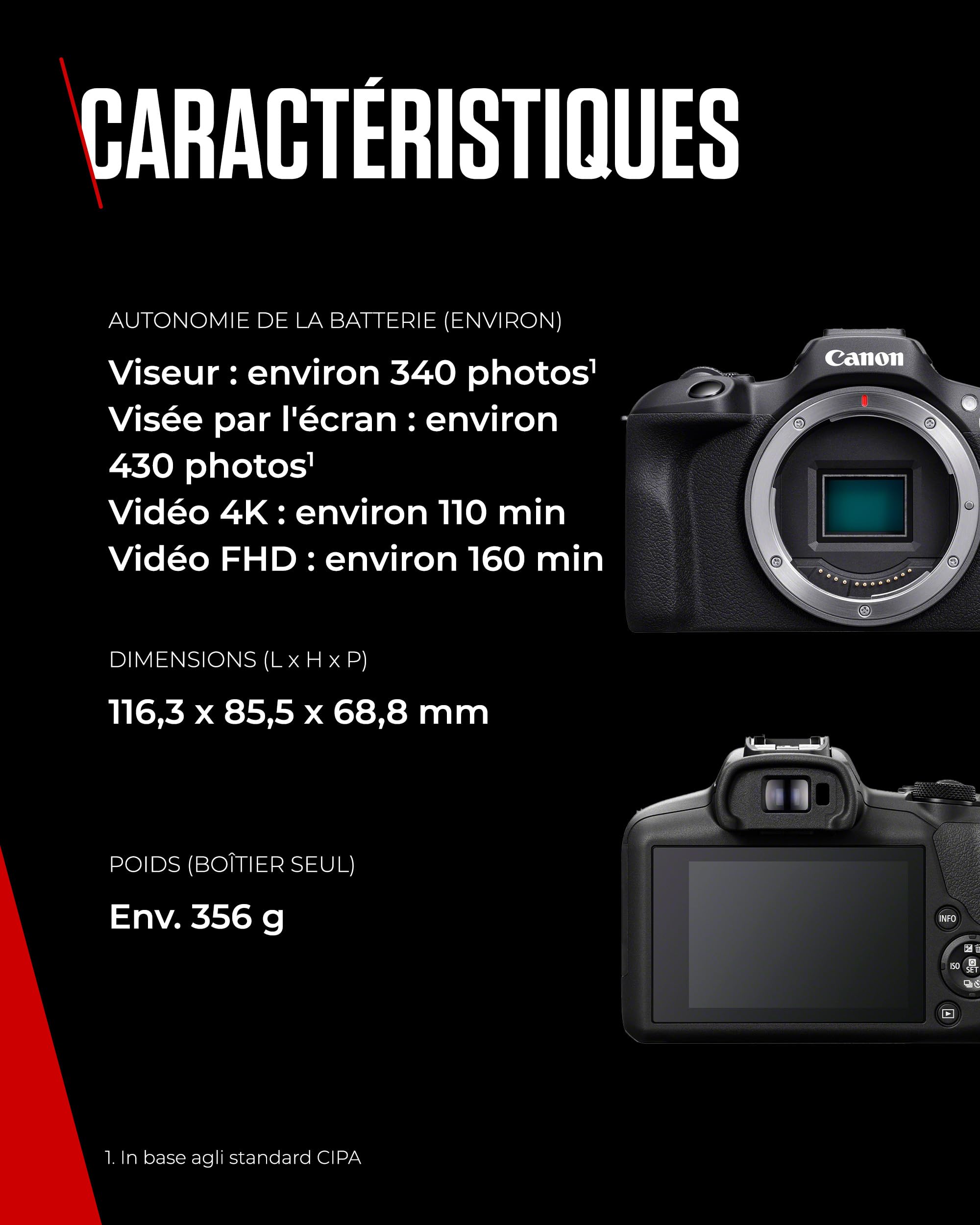 Canon EOS R100 Appareil Photo Hybride Compact à capteur APS-C stabilisé 24M Pixels, Vidéo 4K, Wi-FI, AutoFocus Dual Pixel, boitier Nu Noir